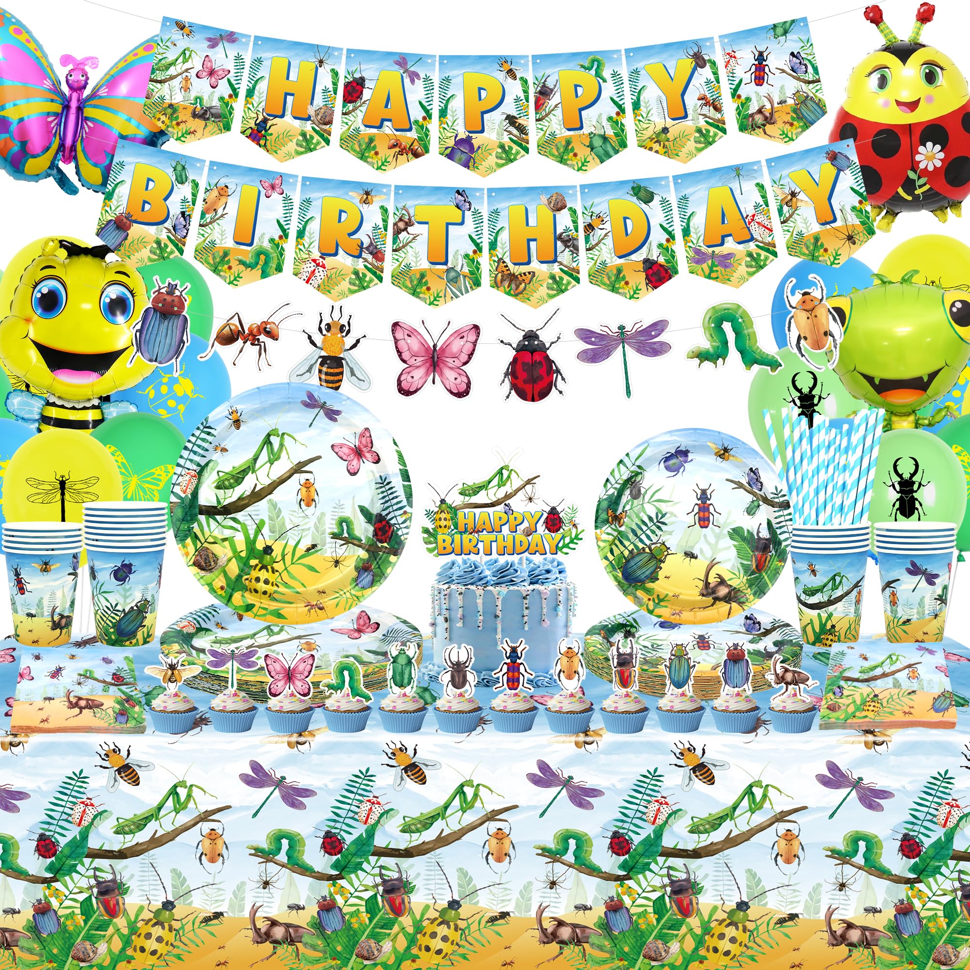 LSJDEER Insect Birthday Party Decorations - Bugs Party Supplies, Plates Cups Napkins Tablecloth Happy Birthday Banner Balloon Cake Toppers for Class Office Garden Reptile Baby Shower
