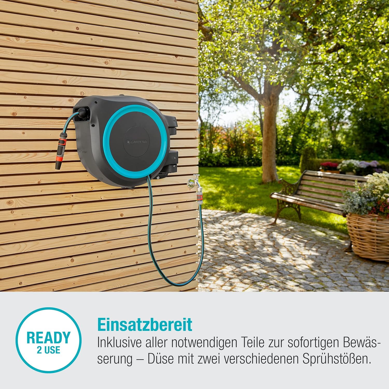 Gardena Wall-Mounted Hose Box RollUp XL (turquoise) 35 m: Versatile watering system for large gardens, swivel hose box, including 35 m Gardena hose and mounting kit (18630-20)