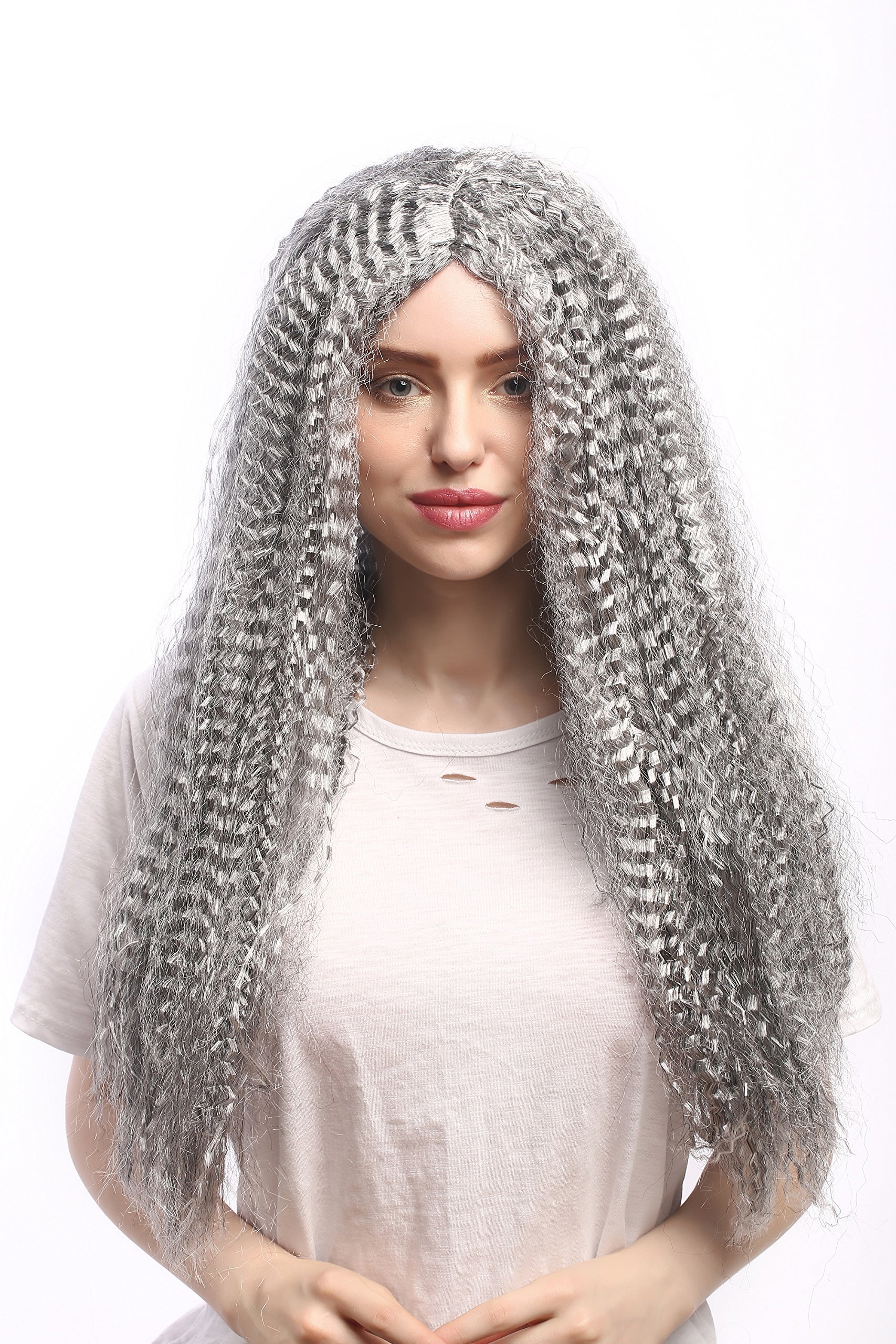 WIG ME UP Damen-Perücke – Grau-Schwarz, Lange Gekreppte Locken, Ca. 60 Cm | Für Karneval, Halloween, Hexe Oder Vampirin