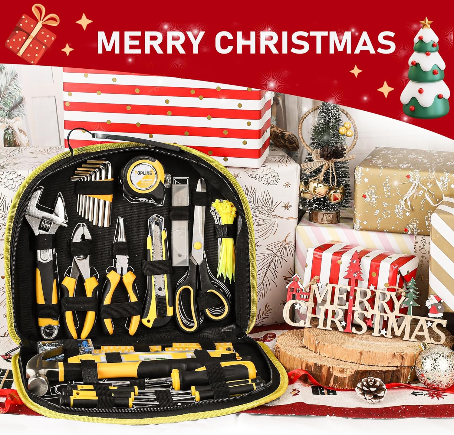 TOPLINE 208-Piece Basic Home Tool Kit with Easy Carrying Round Pouch, Household Hand Tools for Apartment, Home, Basic Tool Set, Perfect for DIY Projects, Home Maintenance