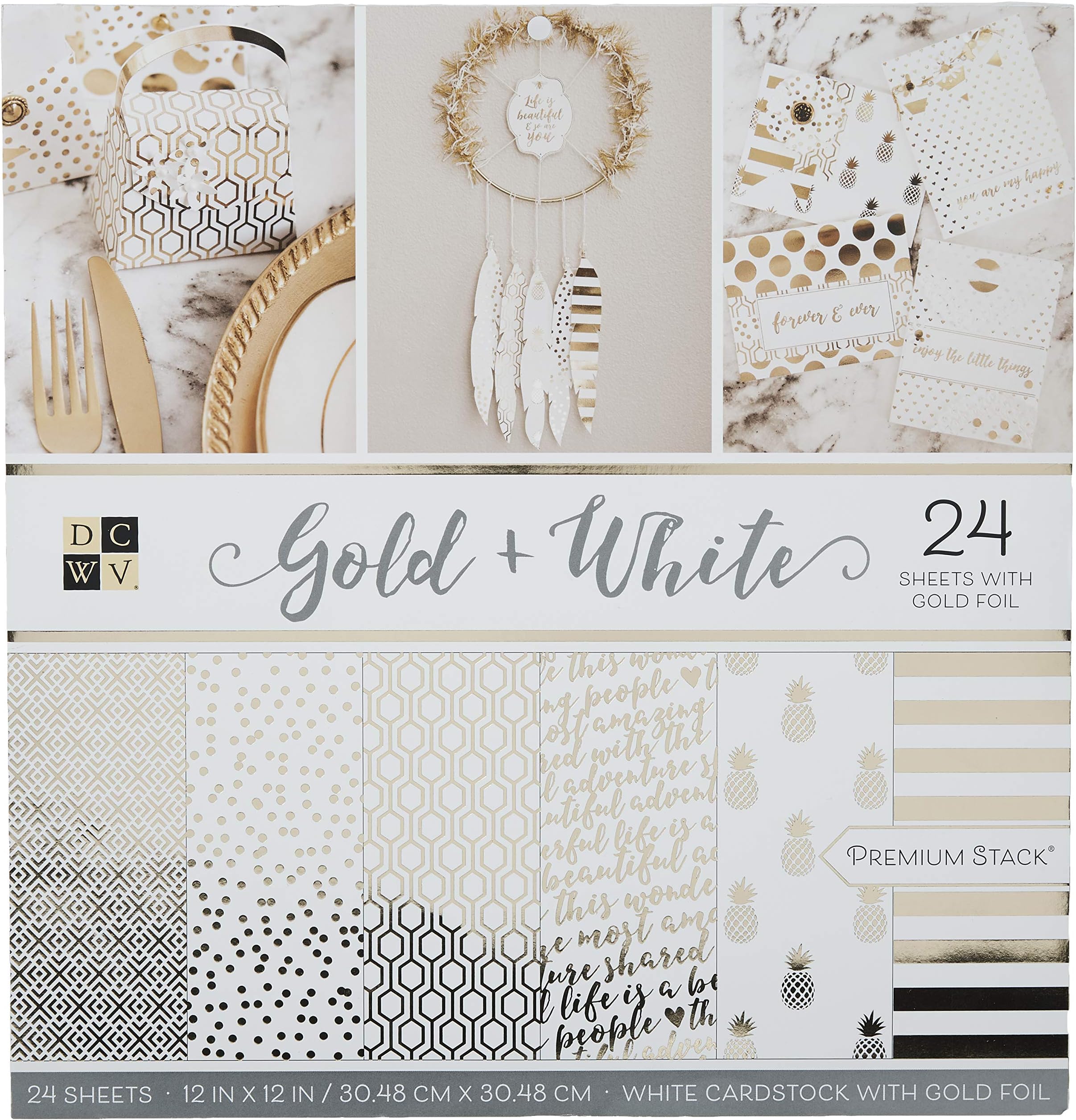 American Crafts Die Cuts With a View Gold & White Premium Printed Cardstock Stack - 12x12 Sheets, Holographic Foil Double Sided for Scrapbooking