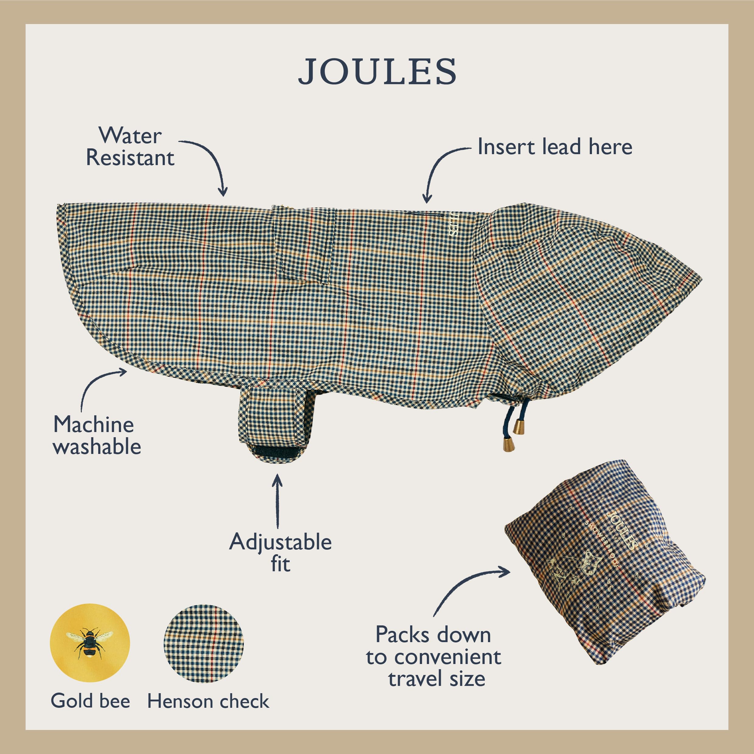 Rosewood Joules Henson Veste Pliable à Carreaux pour Chiens de Taille M, Lavable, légère et Portable, imperméable et imperméable pour Chiens de Taille Moyenne