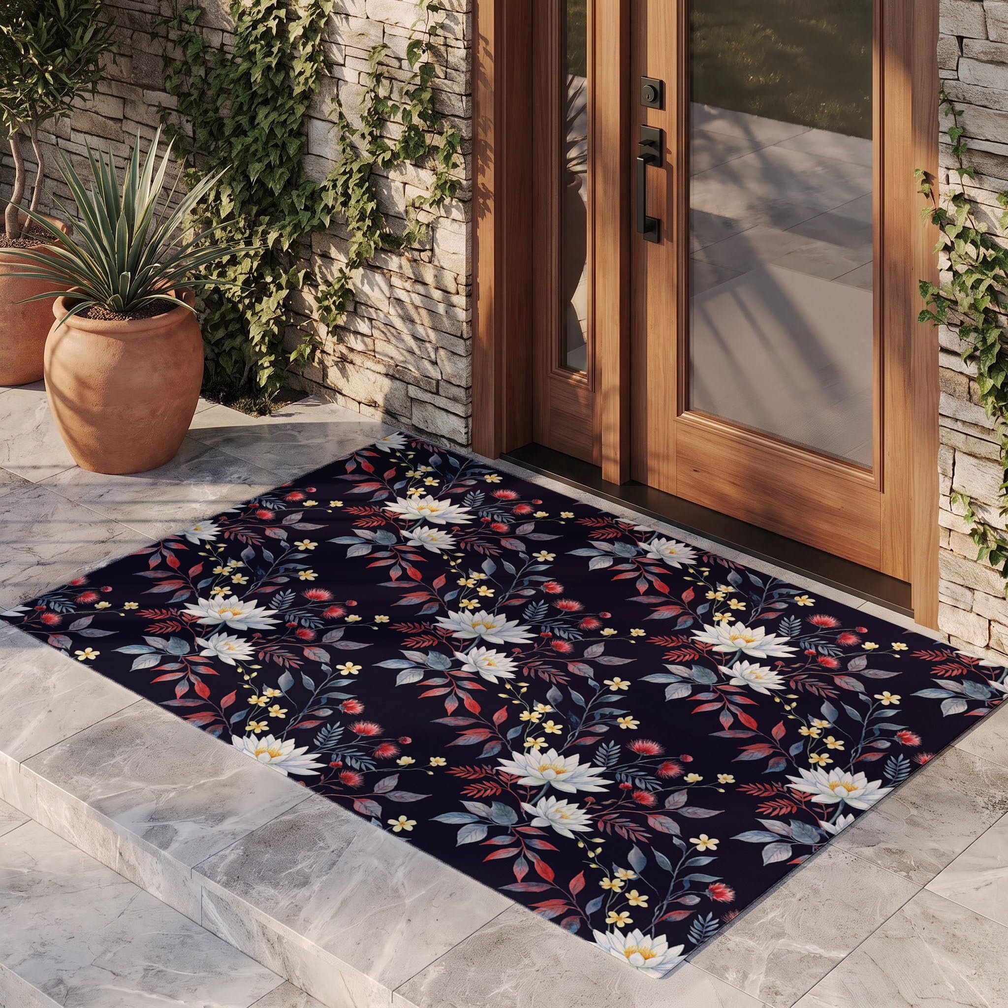 Bleu Foncé Fleurs Aquarellespaillasson Durable Et Antidérapant Retient L’Eau Et Les Saletés Facile À Nettoyerpaillasson Interieur80X120 Cm Tapis D'Entrée Antidérapant