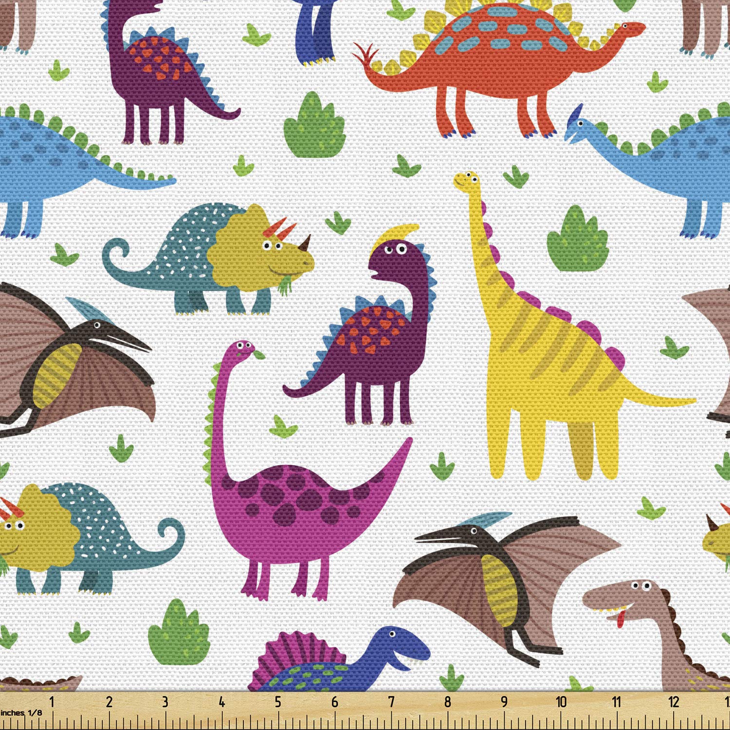 Ambesonne Cartoon Fabric by The Yard, Funny Dinosaurs and Dragons Colorful Jurassic Reptiles Pattern, Decorative Fabric for Upholstery and Home Accents, 2 Yards, Magenta Yellow