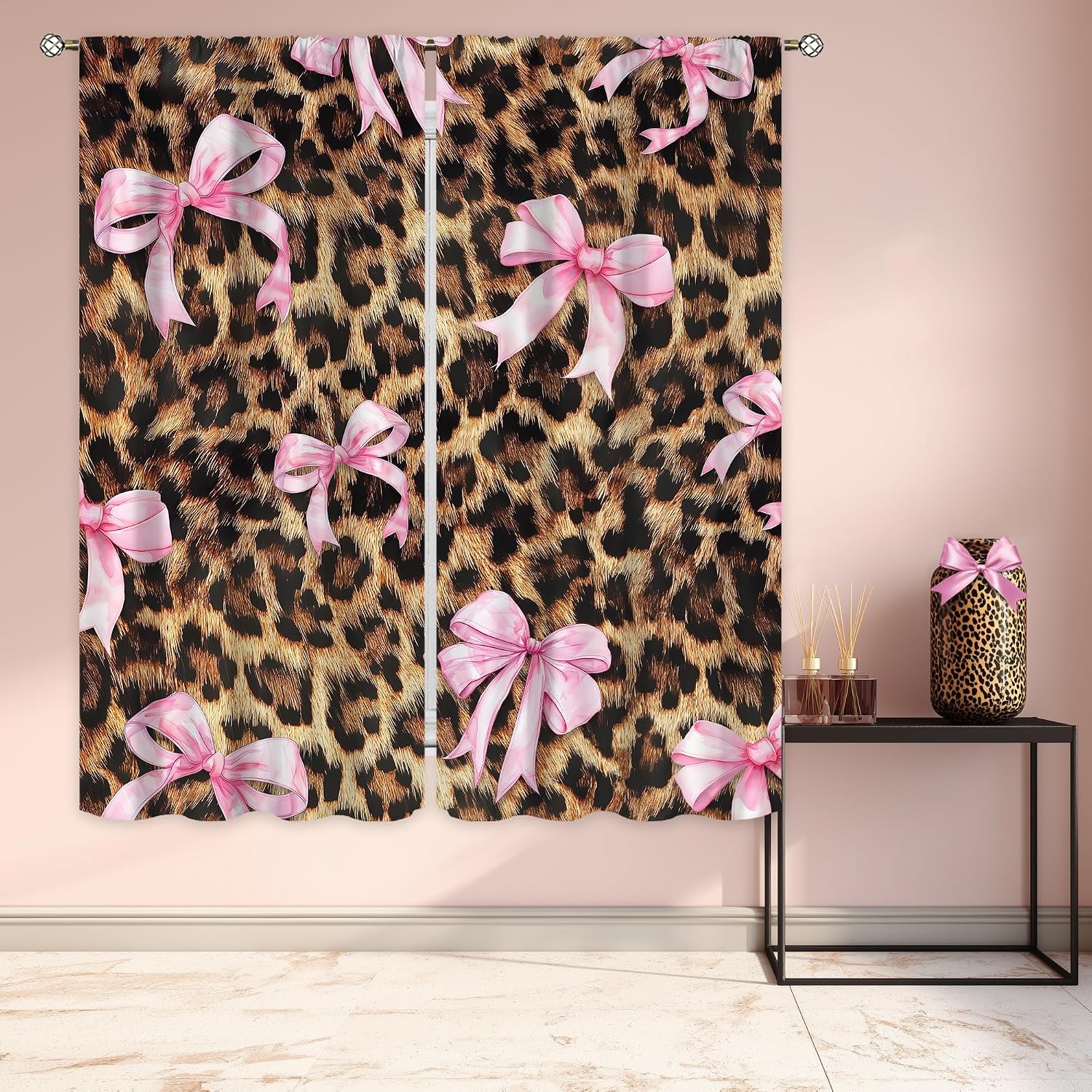 Cinbloo Pink Bow Leopard Print Curtains 42Wx63H Inch Rod Pocket Preppy Girly Modern Cheetah Cute Pretty Sweet for Girls Art Printed Retro Fashion Living Room Bedroom Window Drapes Treatment 2 Panels