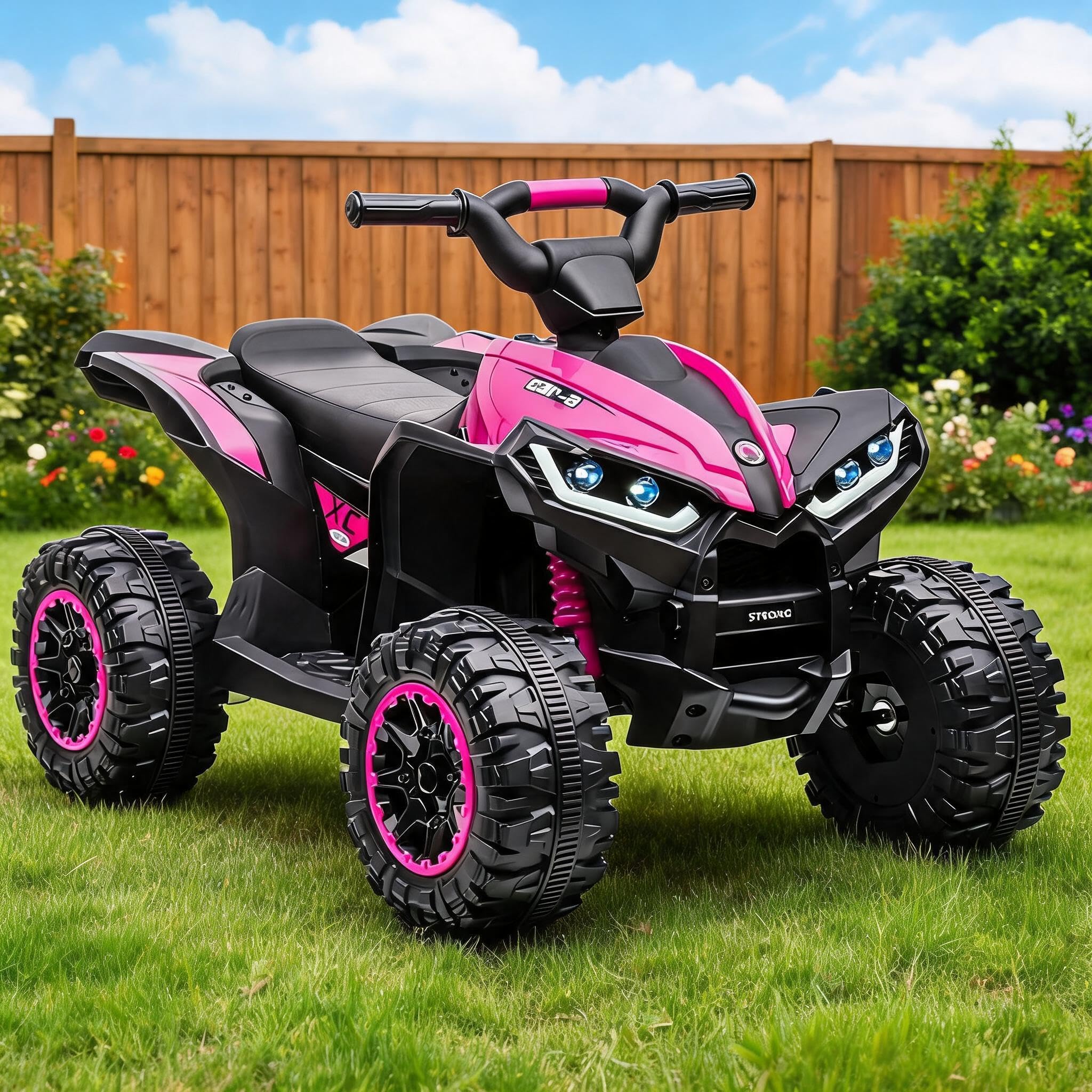 Kids 12V Electric Quad Bike Off-Road ATV Ride-On Car, Parent Remote Safety Slow Start Anti-Slip Wheels LED Music Horn, Sturdy PP Iron Construction Outdoor Ride Toy for Boys Girls 3 to 8 Years
