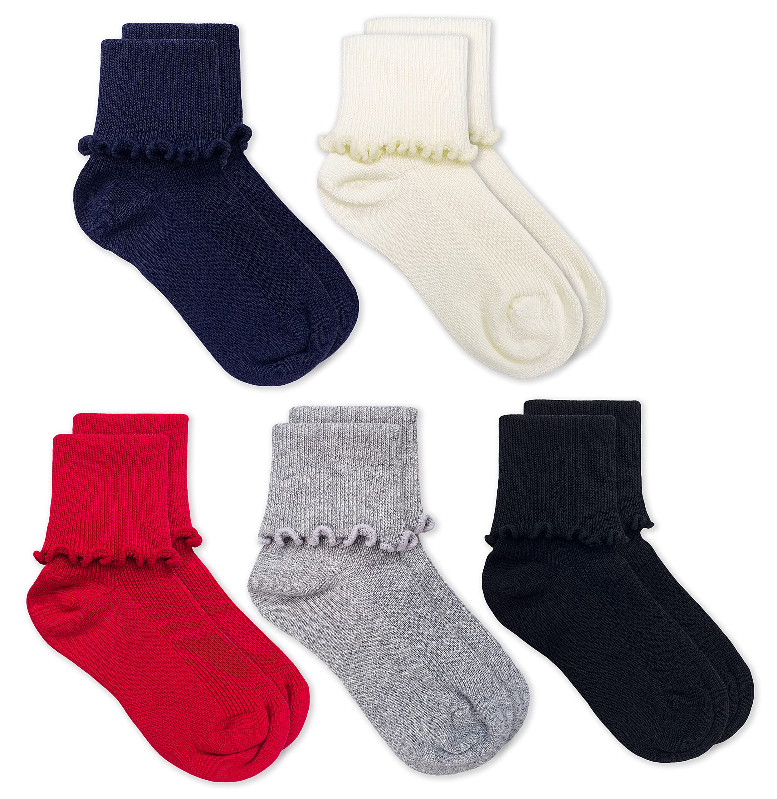 Jefferies SocksGirls' Ripple Ruffle Trim Seamless Turn Cuff Crew Socks 5 Pack