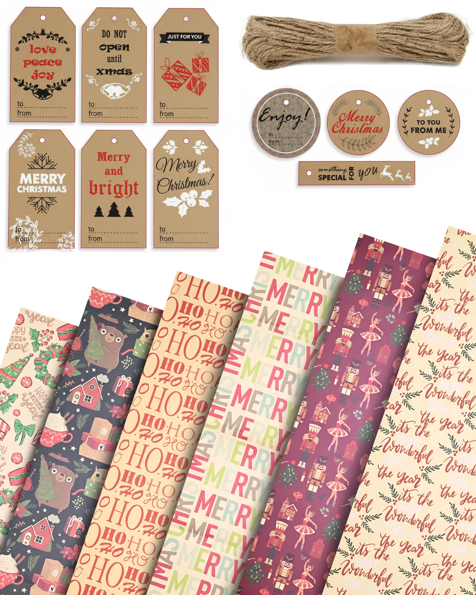 Kraft & Co - Christmas Wrapping Paper 12 Sheets - Recycled Kraft Gift Wrap Sheets 50 x 70cm, 6 Festive Holiday Designs with Tags & Twine, Eco Friendly, Biodegradable & Recyclable, Buzz