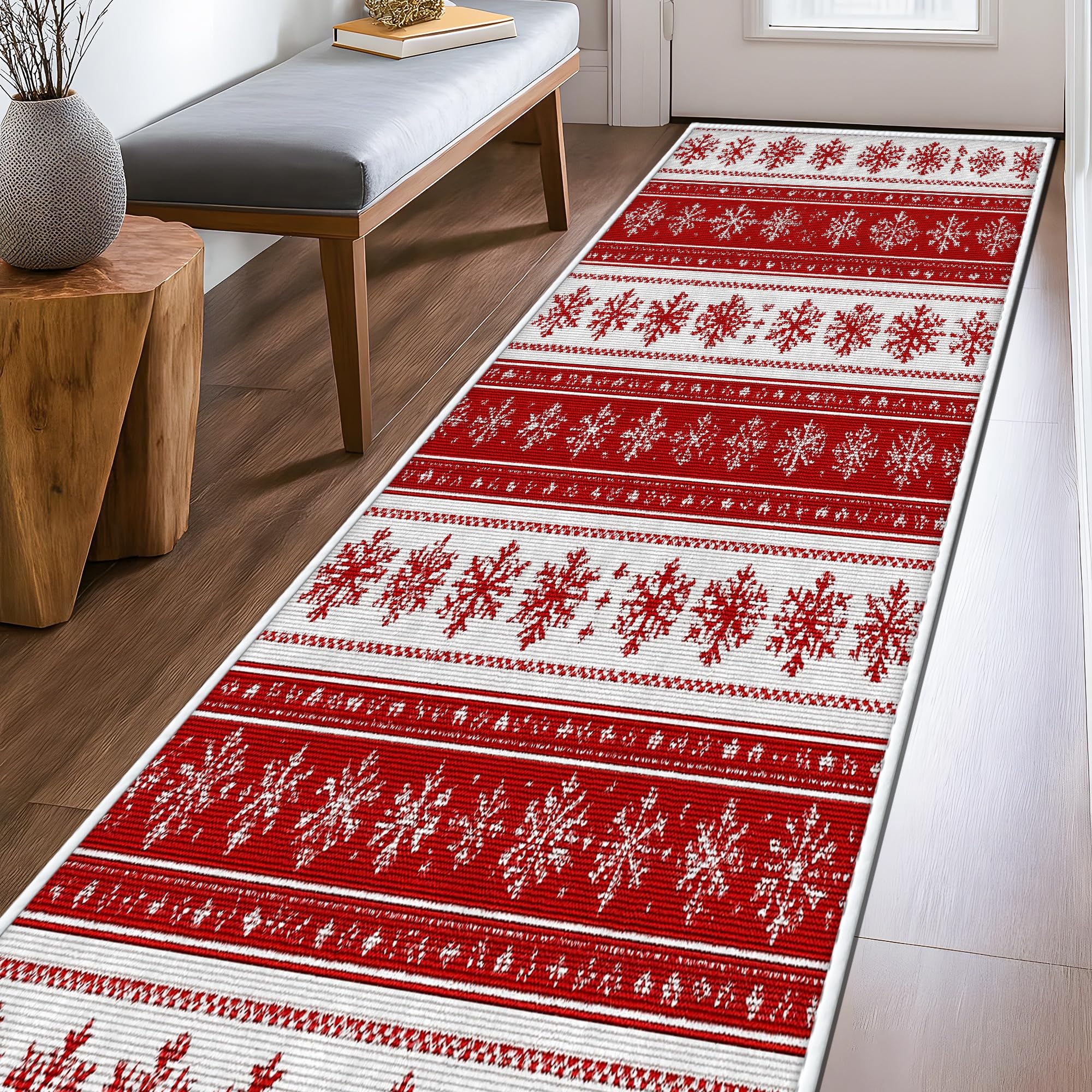 Tapis de couloir antidérapant et sans peluche motif flocon rouge