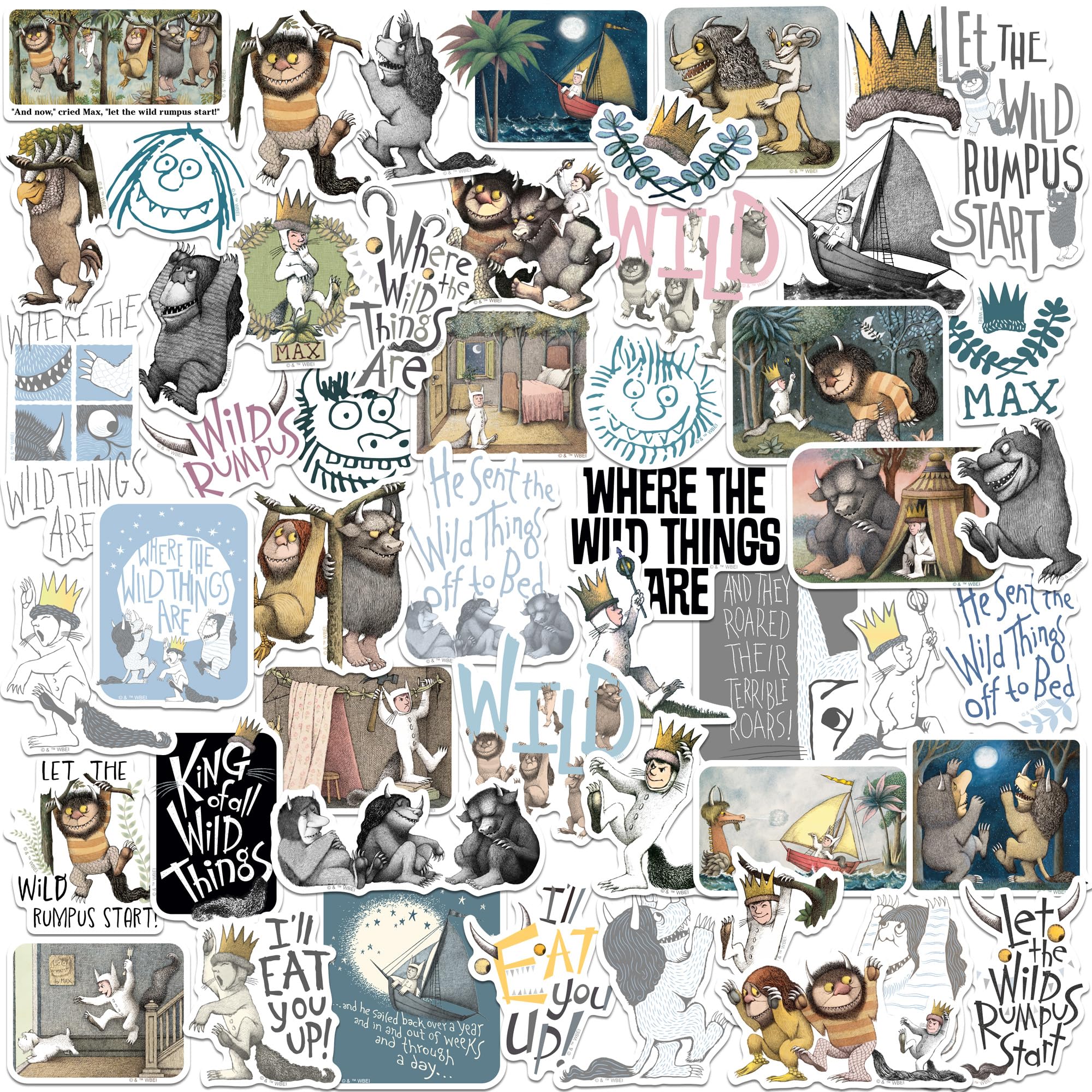Where The Wild Things are 50ct Vinyl Large Deluxe Stickers Variety Pack - Laptop, Water Bottle, Scrapbooking, Tablet, Skateboard, Indoor/Outdoor