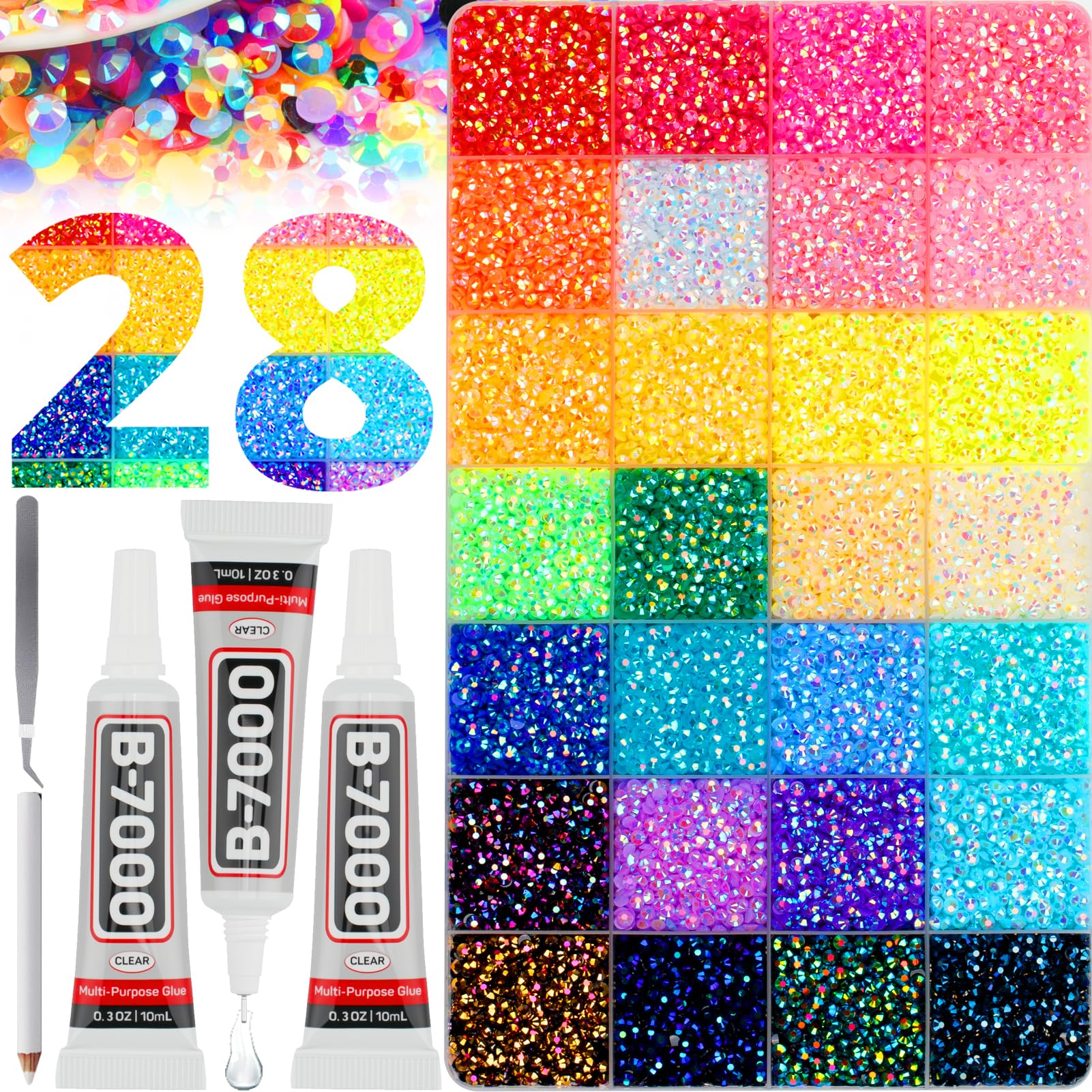 40000Pcs 3MM Rhinestones for Bedazzling, Bedazzler Kit Gems Stones Jelly Resin Flatback Rainbow 28 AB Multi Colorful Bulk Crystals, Bedazzled b7000