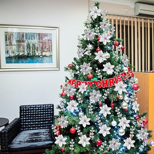 Miniatura 9 de Sggvecsy 30 piezas de 3 estilos de flores de pascua con purpurina de Navidad, púas de bayas artificiales, adornos para árbol de Navidad, flores