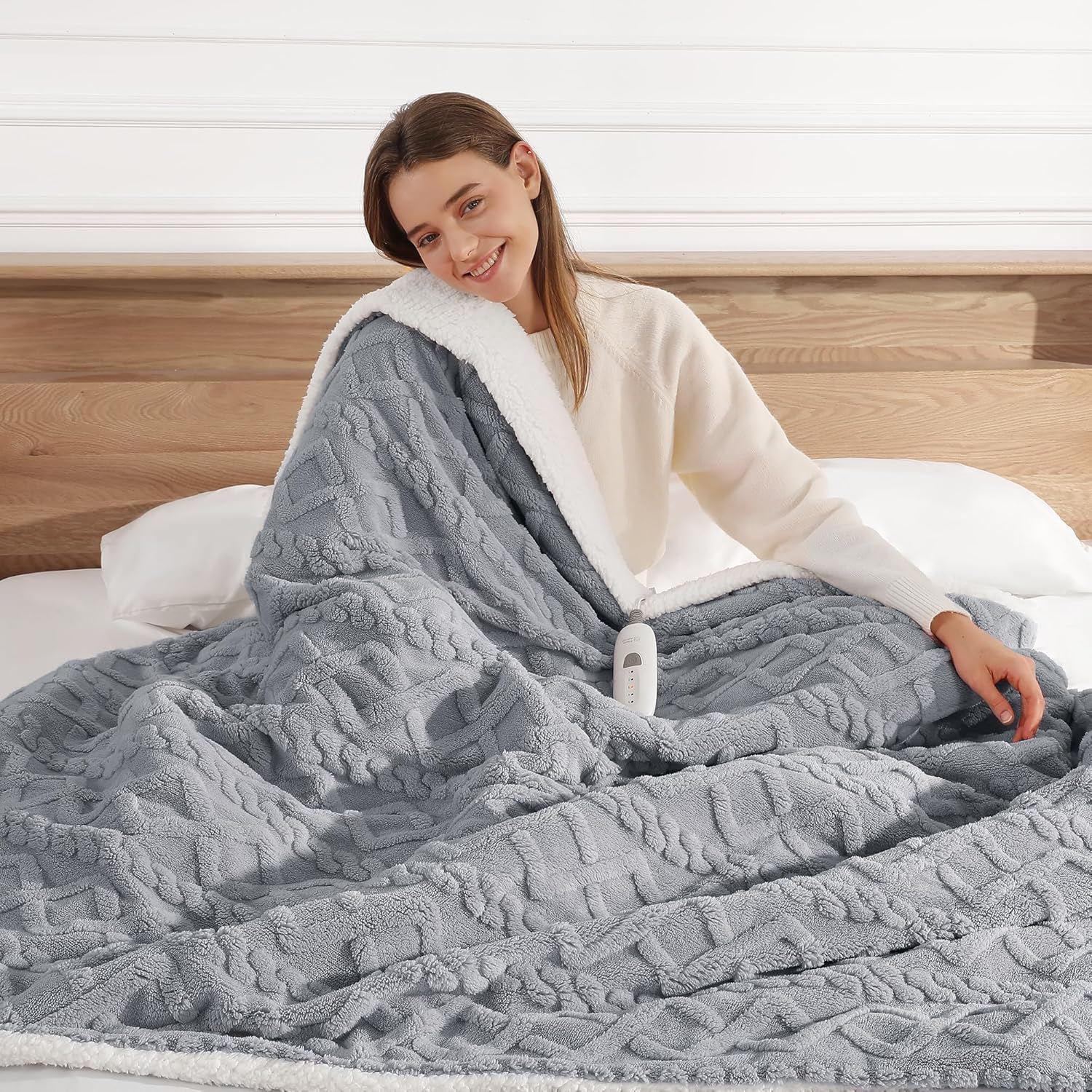 Heated Throw Blanket 50"x60" with 5 Heating Levels & 4 Hours Auto Off, Soft & Plush Sherpa Electric Blanket Throw with ETL & FCC Certification for Home Use, Machine Washable, Great Gift, Grey