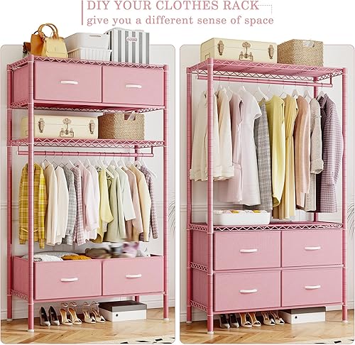 Miniatura 3 de Raybee Perchero de Ropa con 4 Cajones y Estantes, Perchero de Alta Resistencia para Colgar Ropa, Armario Portátil, Metálico, Resistente, Rosa