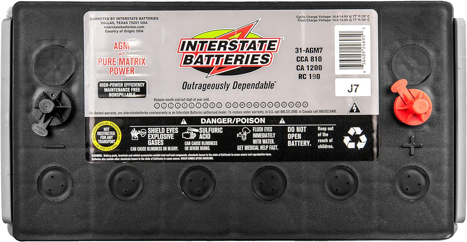 മുകളിൽ view of Interstate Batteries 31-AGM7 with warning labels
