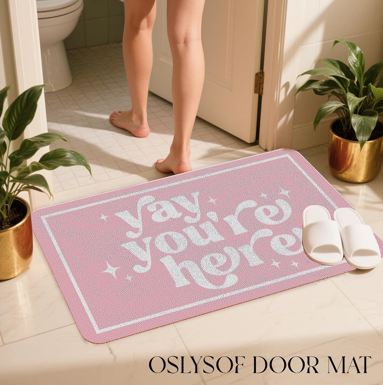 Funny Pink Door Mat, Yay You're Here Doormat for Front Door Indoor Outdoor Porch Entrance Entryway, Funny Welcome Mat Outside, 17x30 Inches