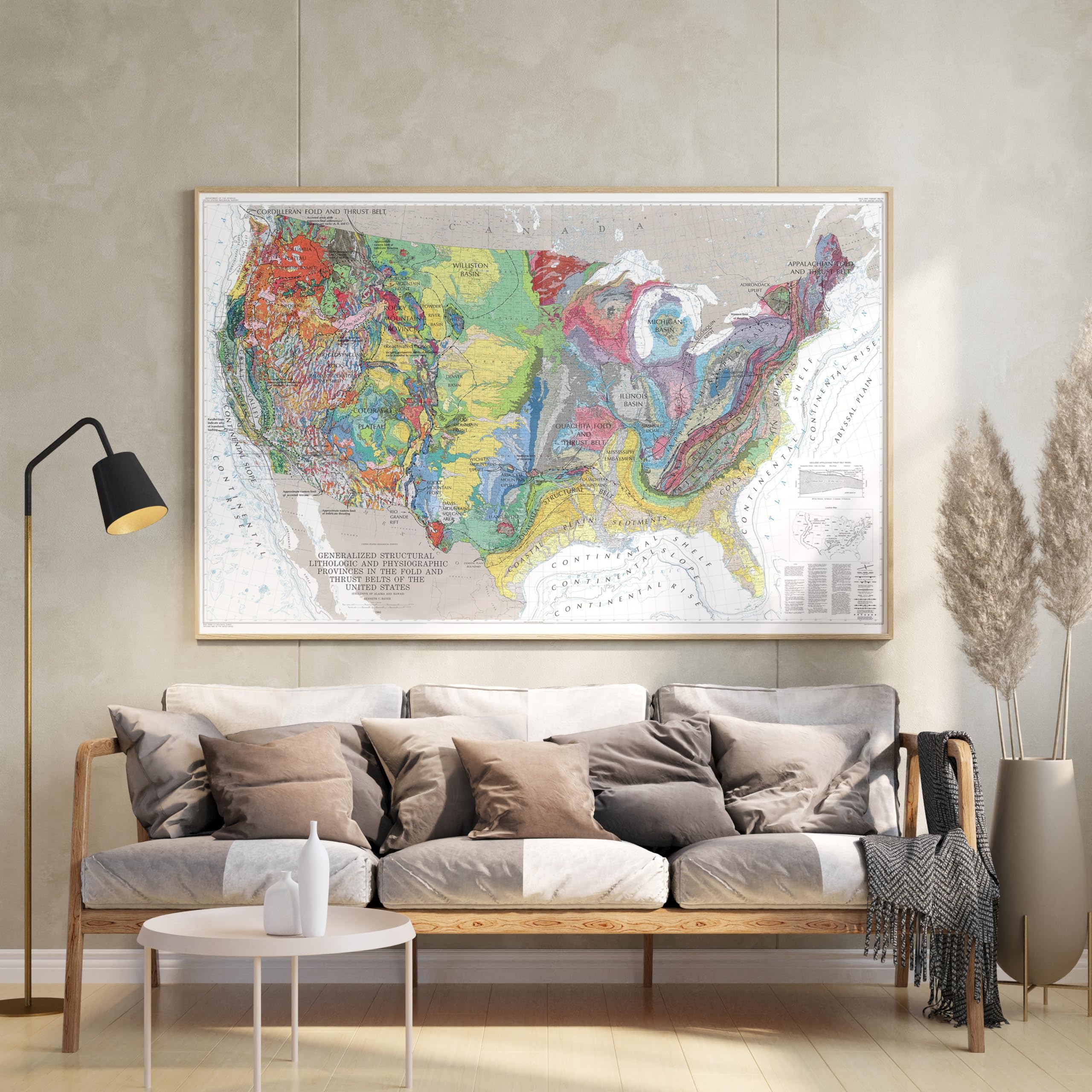 Mapa histórico, mapa de pared, Estados Unidos, geología: provincias fisiográficas y estructurales 1983, arte de pared vintage, 24 x 16 pulgadas