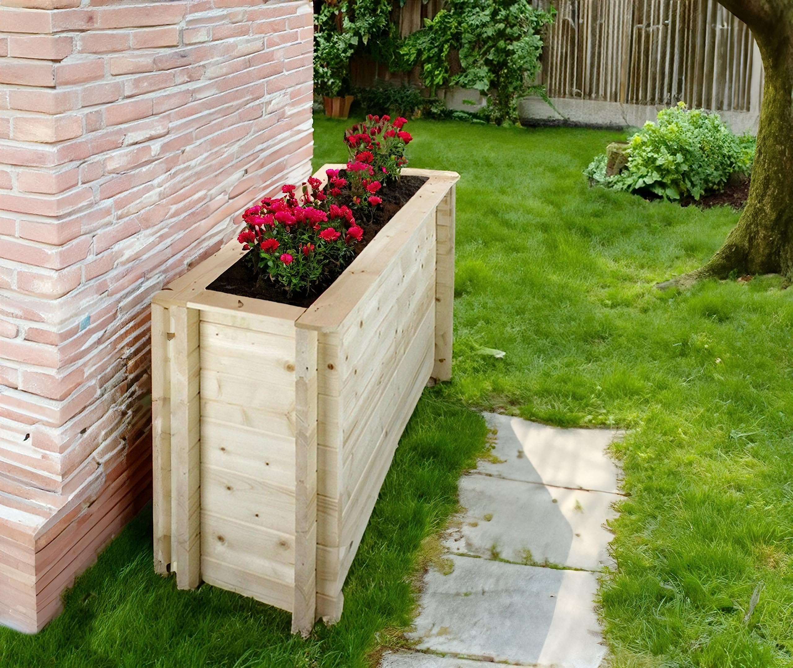 TIMBELA Carre Potager Exterieur Bois - Jardinieres Exterieur pour Jardin, Balcon, Terrasse – pour Fleurs, Herbes aromatiques, Légumes- Bois Massif pin/épicéa 28 mm, 118x38xH69 cm, M615