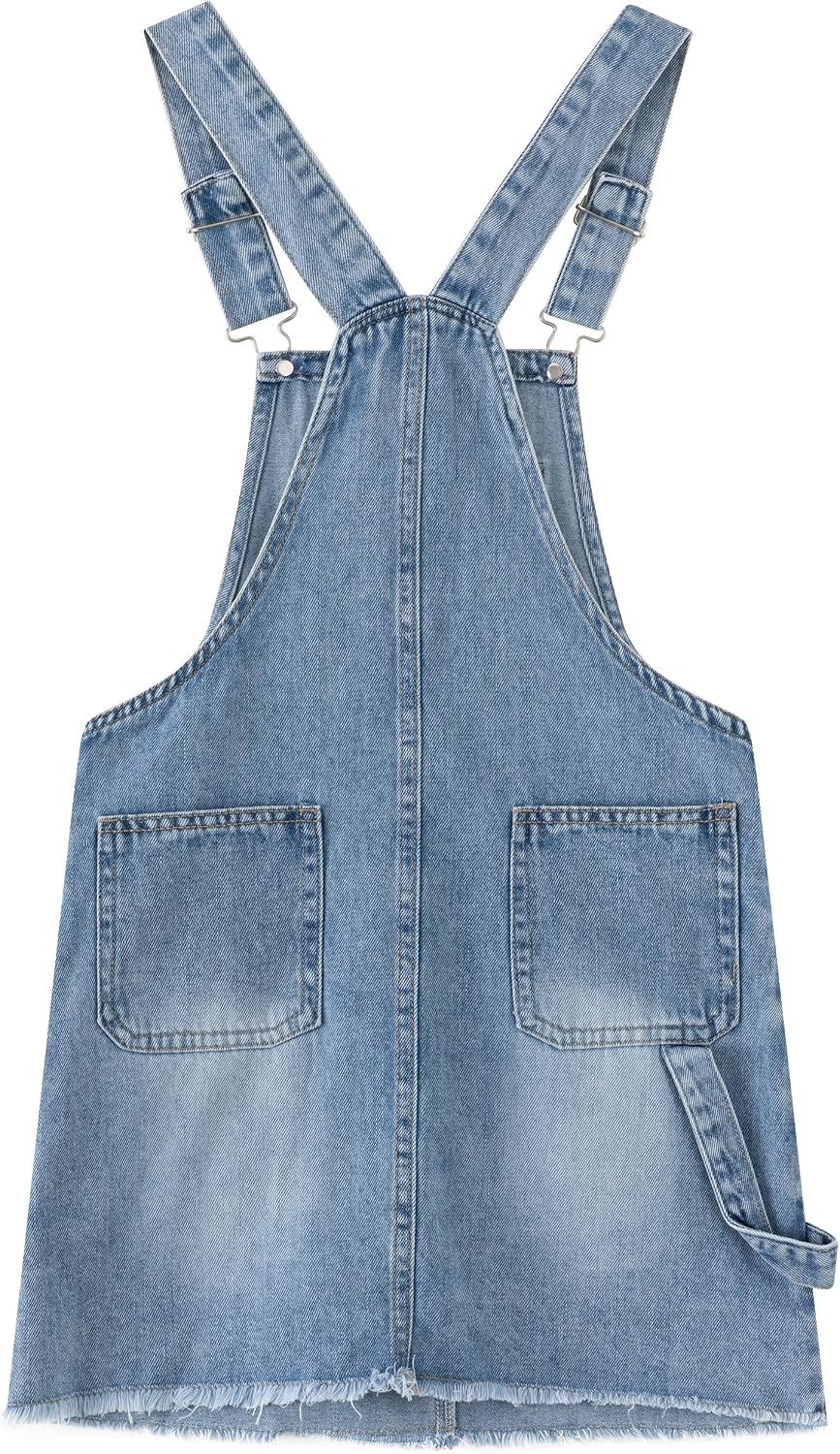 KIDSCOOL Girls Denim Overall Skirt Kids Raw Hem Jean Bib Jumper Dress | Girls denim overall skirt, kids raw hem jean bib dress, youth casual jumper suspender sundress, teen school outfit