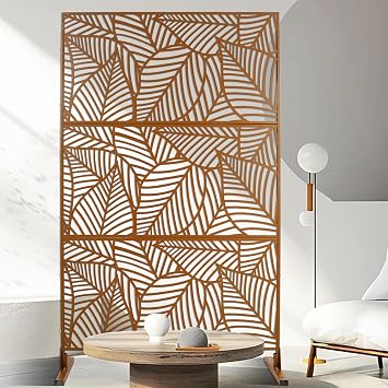 Metal Privacy Screen 76H x 48W Freestanding Decorative Partition Panel with Leaf Pattern, Indoor Outdoor Privacy Screen for Balcony Living Room Patio Office Brown