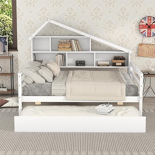 Miniatura 8 de Anwickmak Cama de plataforma de tamaño matrimonial con cabecera de estantería marco de cama matrimonial con nido y estantes de almacenamiento cama