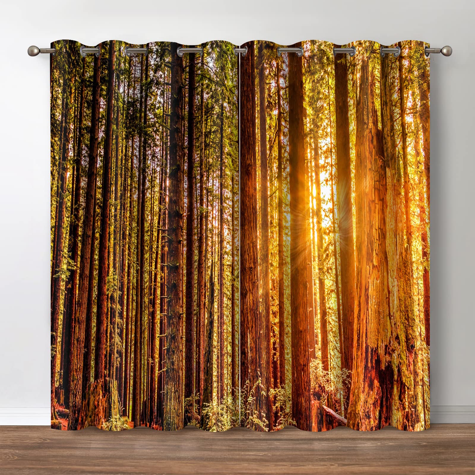 Jekeno Sunset Forest Blackout Curtains - Room Darkening Window Drapes Retro Autumn Sunset Forest Nature Landscape Print Decor Home Bedroom Living Room Grommet Window Drapes 2 Panel Set, 52"x84"