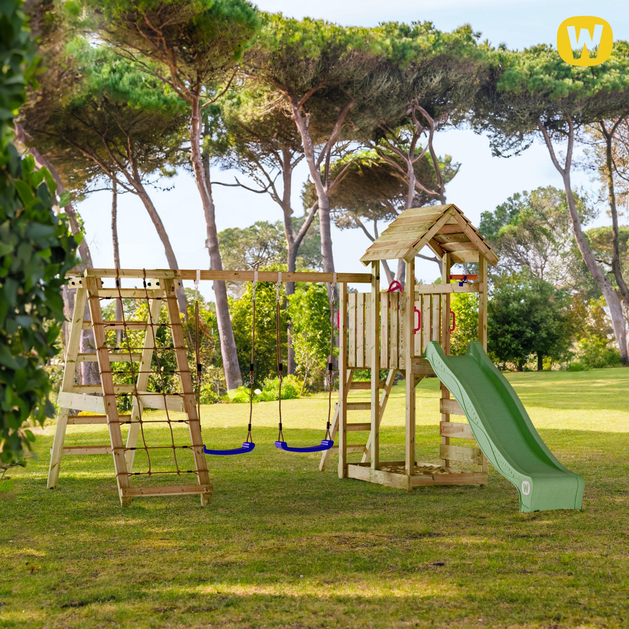 Gioco da giardino WICKEY RocketFlyer con tetto in legno, altalena e scivolo, struttura da esterno per bambini con sabbiera, scaletta e accessori da gioco - verde pastello