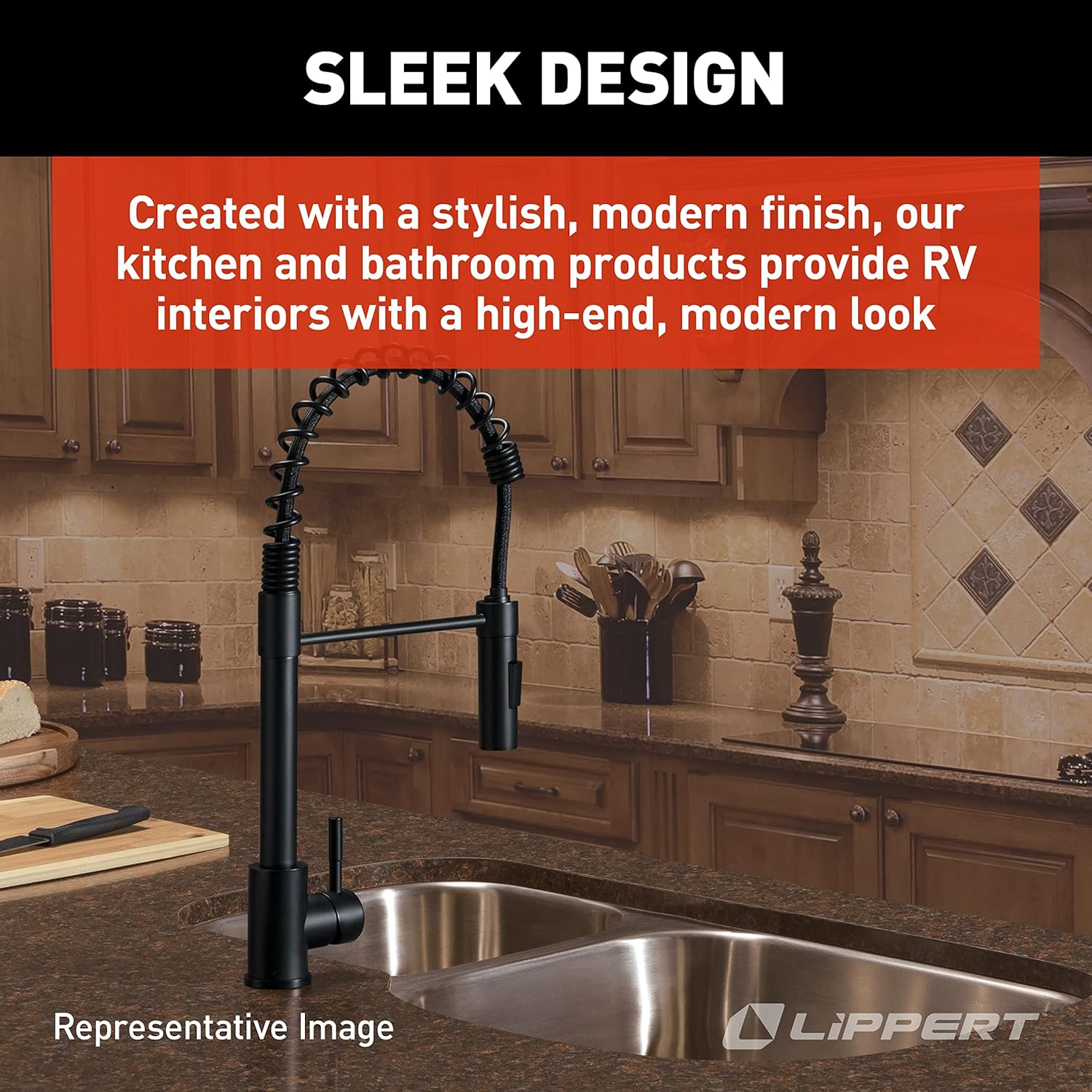 Lippert Flow Max™ Coiled Pull-Down Kitchen Faucet - Black/Stainless Steel
