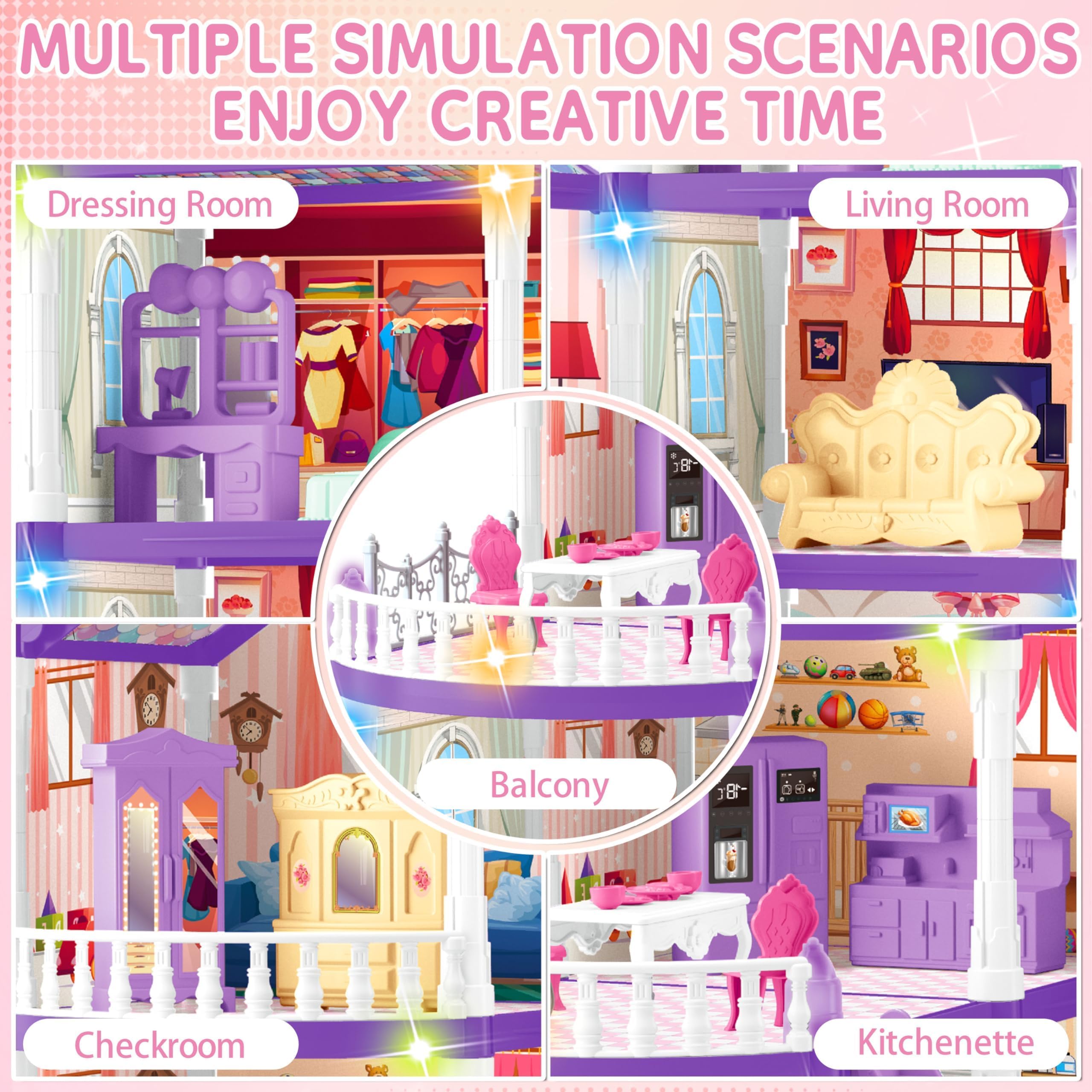 Doll House for Girls ,10 Rooms Purple Doll House with Dolls Figure, Puppies ,Furnitures, Accessories, LED Light, Toddler Playhouse Gift for for 3 4 5 6 7 8 9 10 Year Old Girls Toys