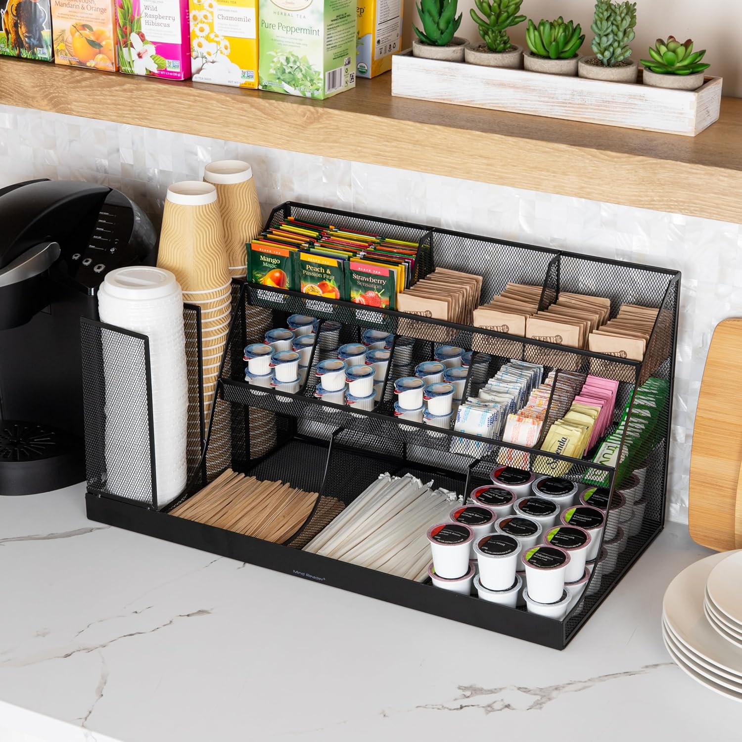 mind reader cup and condiment station, breakroom countertop organizer, 3-tier storage for office coffee stations and shared spaces, metal mesh, black black metal