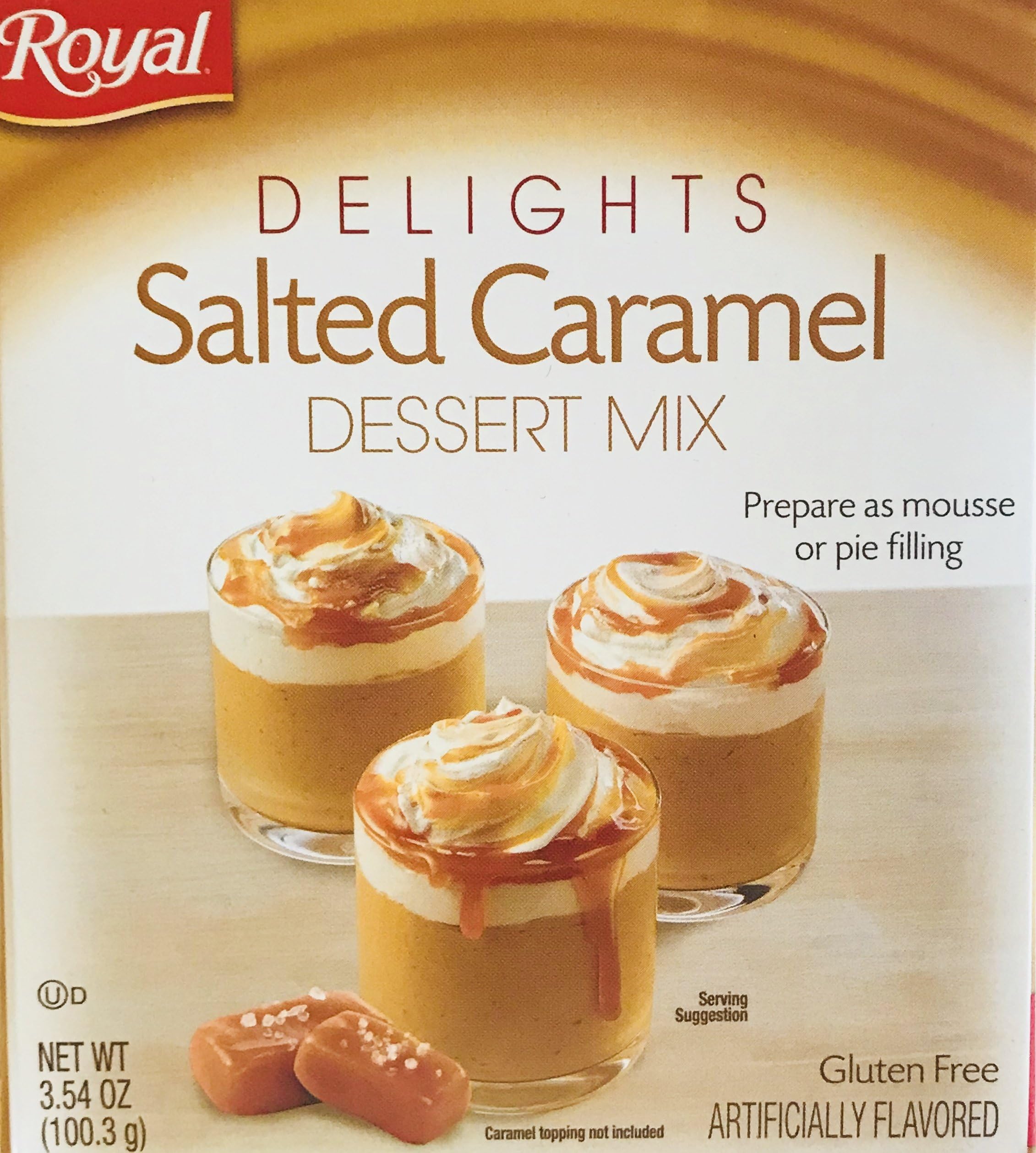 Royal Delights Dessert/Pie Filling Mix! Choose From 2 Flavors! Salted Caramel or Strawberry Creme! Just Mix, Chill & Enjoy! 1 Box! (Salted Caramel Dessert Mix, 3.54oz)