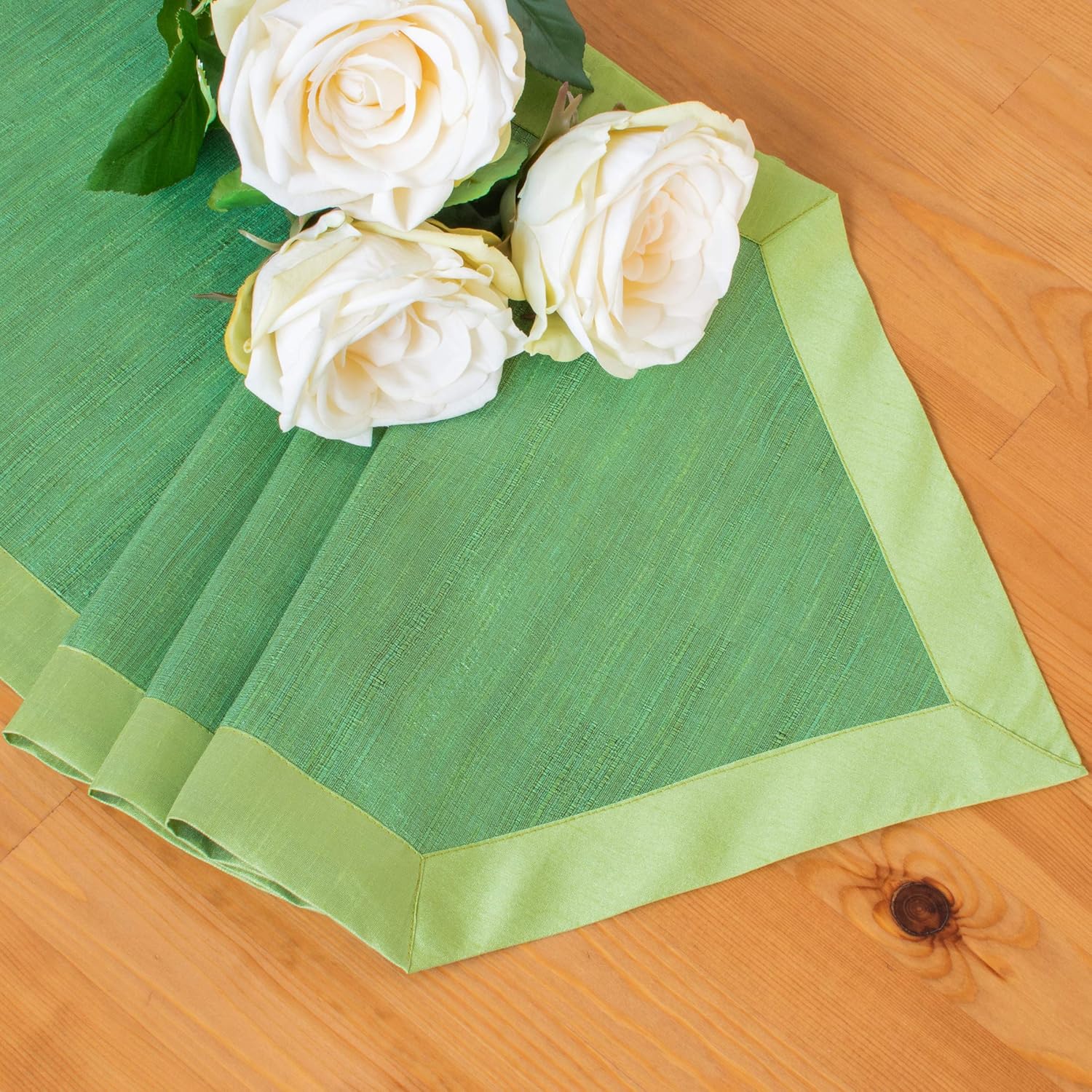 The White Petals Light Green Round Table Runners (Faux Silk, V-End Border, 14x48 inch, Pack of 1)
