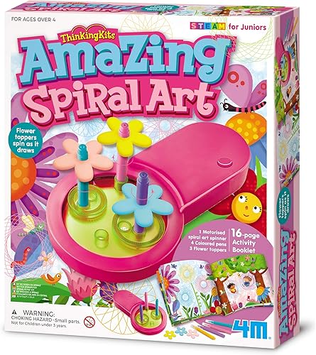 4M Toysmith, Thinking Kits Amazing Spiral Art de STEAM para jóvenes, adornos de flores giran mientras el spinner de arte motorizado dibuja un libro