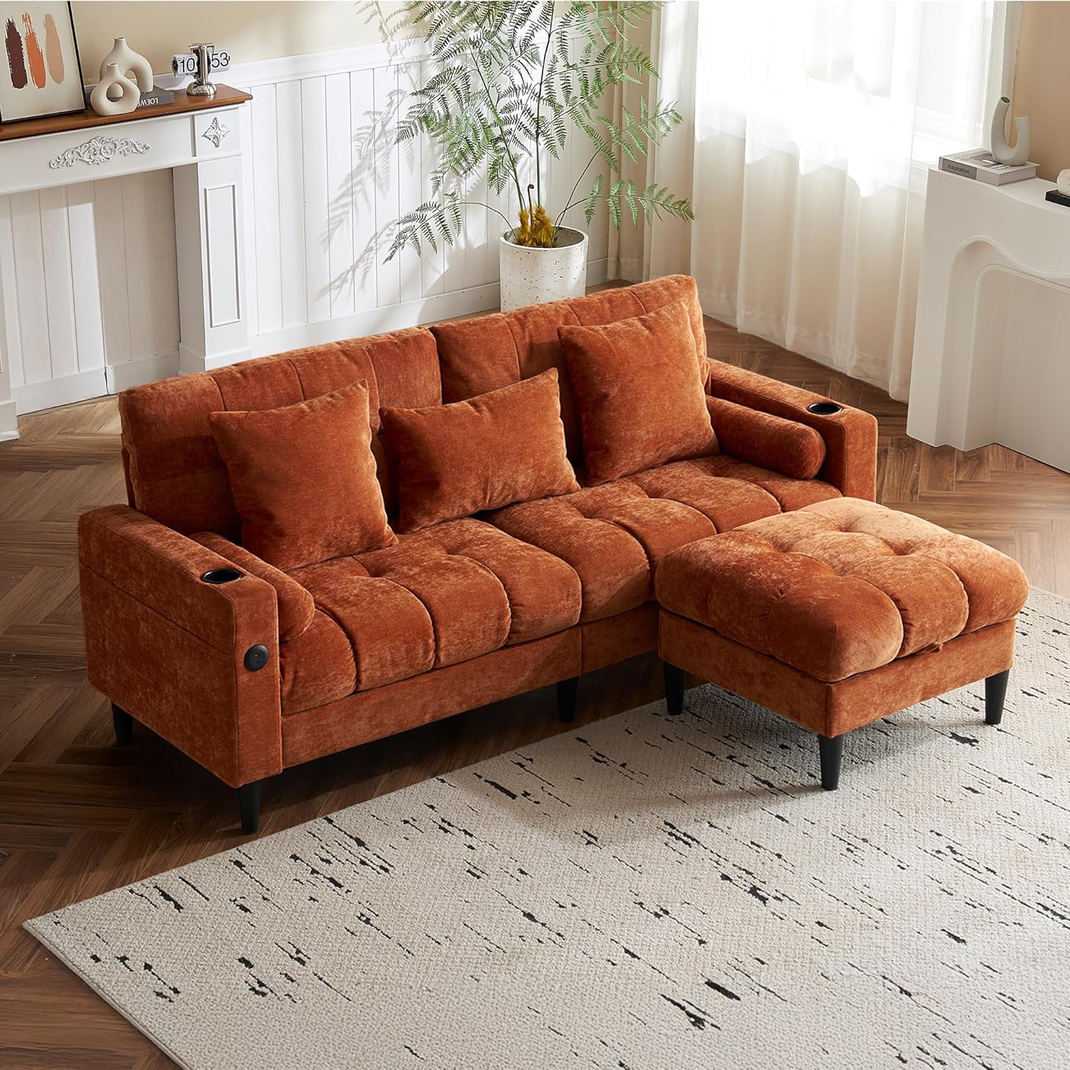 L Shaped Couch Sofa with Storage Ottoman, Sectional Couches for Living Room with USB & Cup Holders, Chenille Deep-Seated Convertible Sofa Furniture Sets for Apartment (Orange)