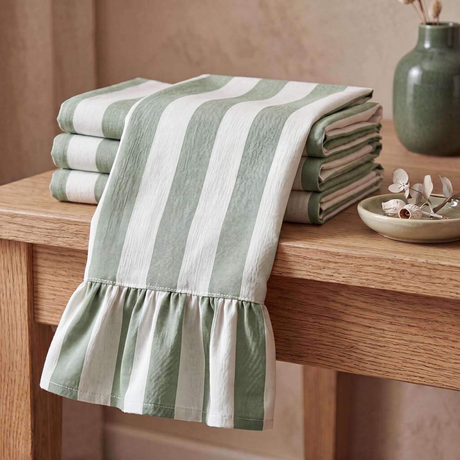 Sage Green Striped Kitchen Towels Set of 4, 100% Cotton Ruffled