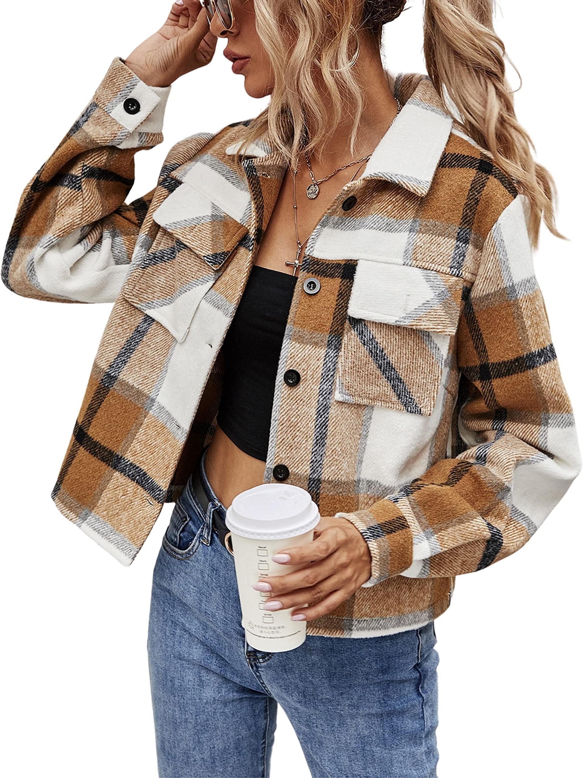 Womens Cropped Plaid Shacket Button Down Short Flannel Shirt Jacket with Pockets