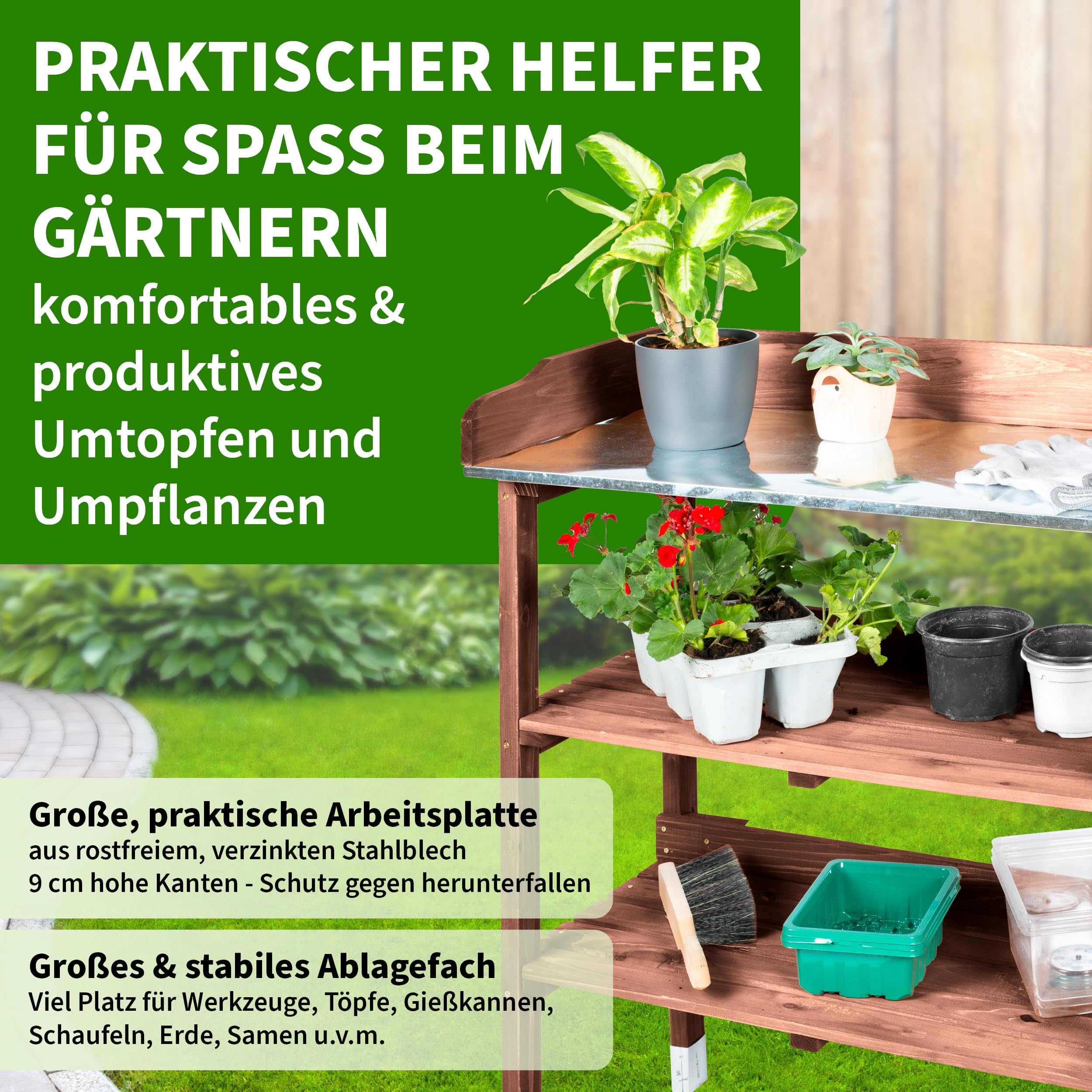 TTL Garden Planter Deluxe Table de jardinage 3 tiroirs plan de travail galvanisé extérieur résistante intempéries étagère 6 crochets bois sapin marron