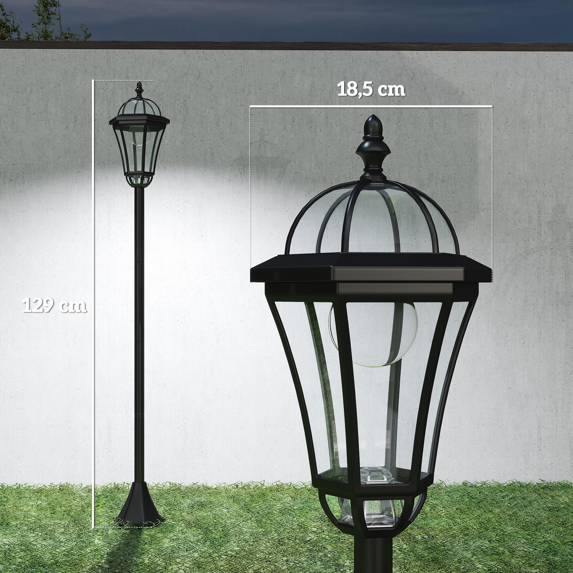 Outsunny 2 Farolas Solares de Jardín con 2 Luces LED Blanca Impermeable IP44 Apagado Automático Set de 2 Farolas de Exterior para Camino Terraza Patio 18,5x18,5x129 cm Negro