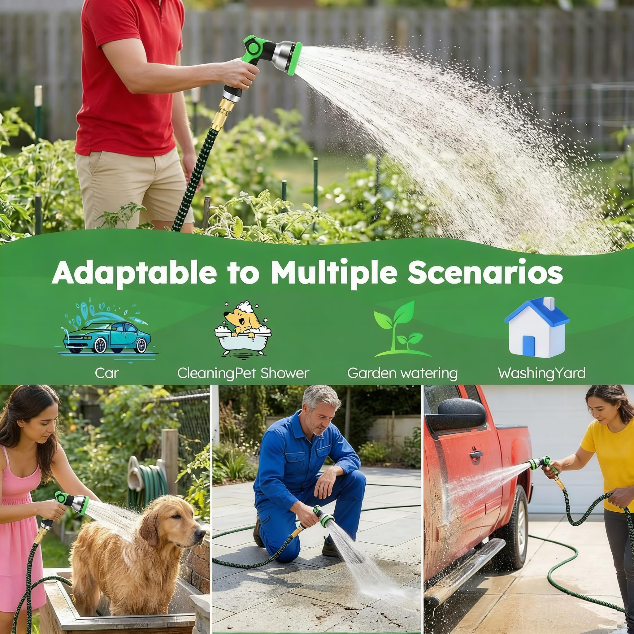 Tubo da irrigazione estensibile 37,5 M/125 FT con 10 modelli di spruzzatura, adatto per rubinetti da 1/2" e 3/4" Raccordi in metallo durevoli per giardino, irrigazione, pulizia