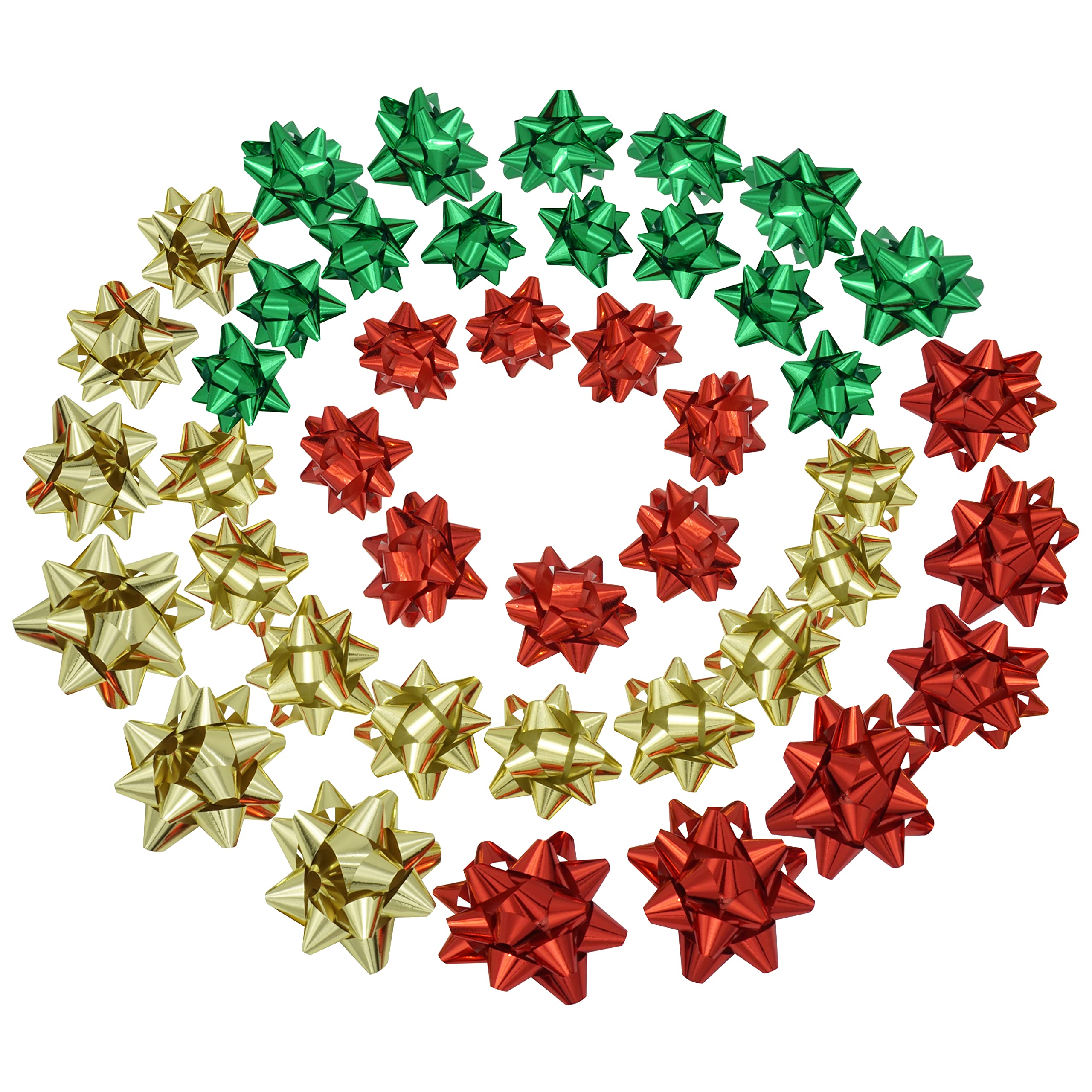 SRV Hub Christmas Metallic Gift Bows Assortment, Self Adhesive Foil Metallic Bows For Christmas and Holidays (43PCs Red, Green & Gold (S & L))