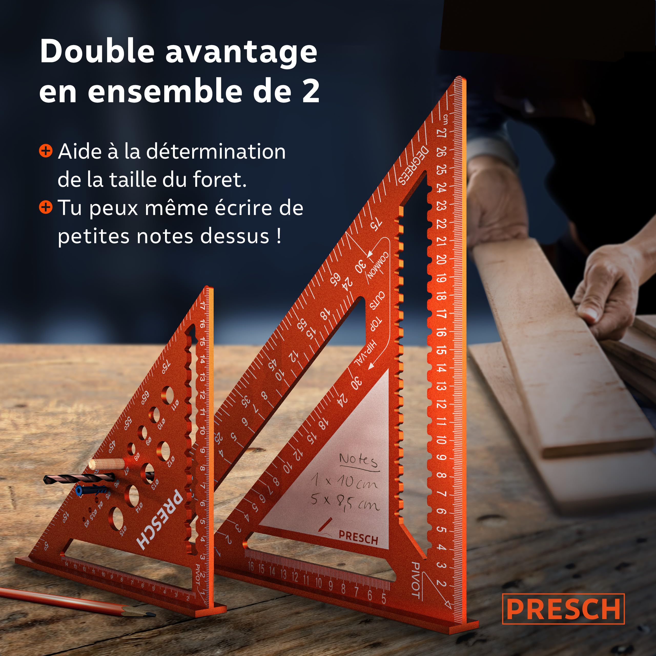 Presch Équerre de menuisier Set - 180mm & 300mm - Surface innovante effaçable - Guide de perçage intelligent - Aluminium fraisé de haute précision pour des angles de 90° toujours précis