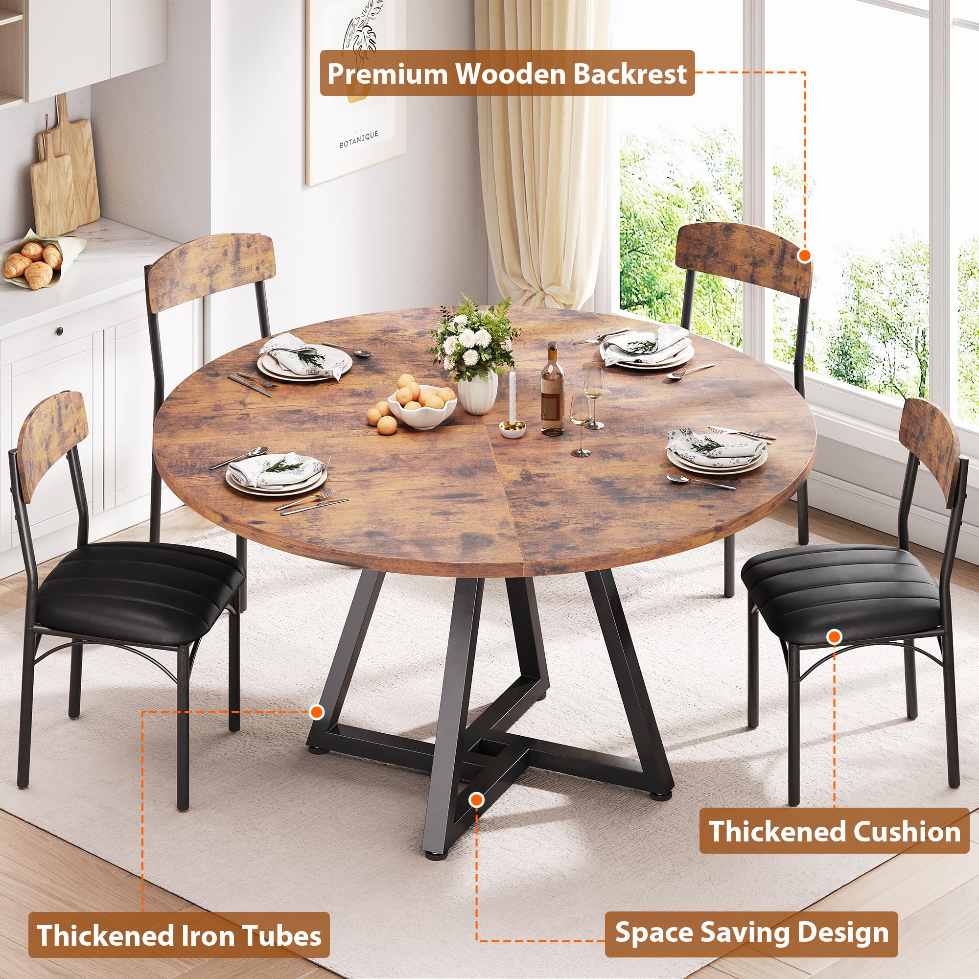 Esstisch Runder und 4 Esszimmerstühle Set, Essgruppe 5-Teilig, Küchentisch mit stabilem Metallgestell und 4 stühle, platzsparender Esszimmertisch aus Holz im Industrial Design (Vintage Braun, 107cm)