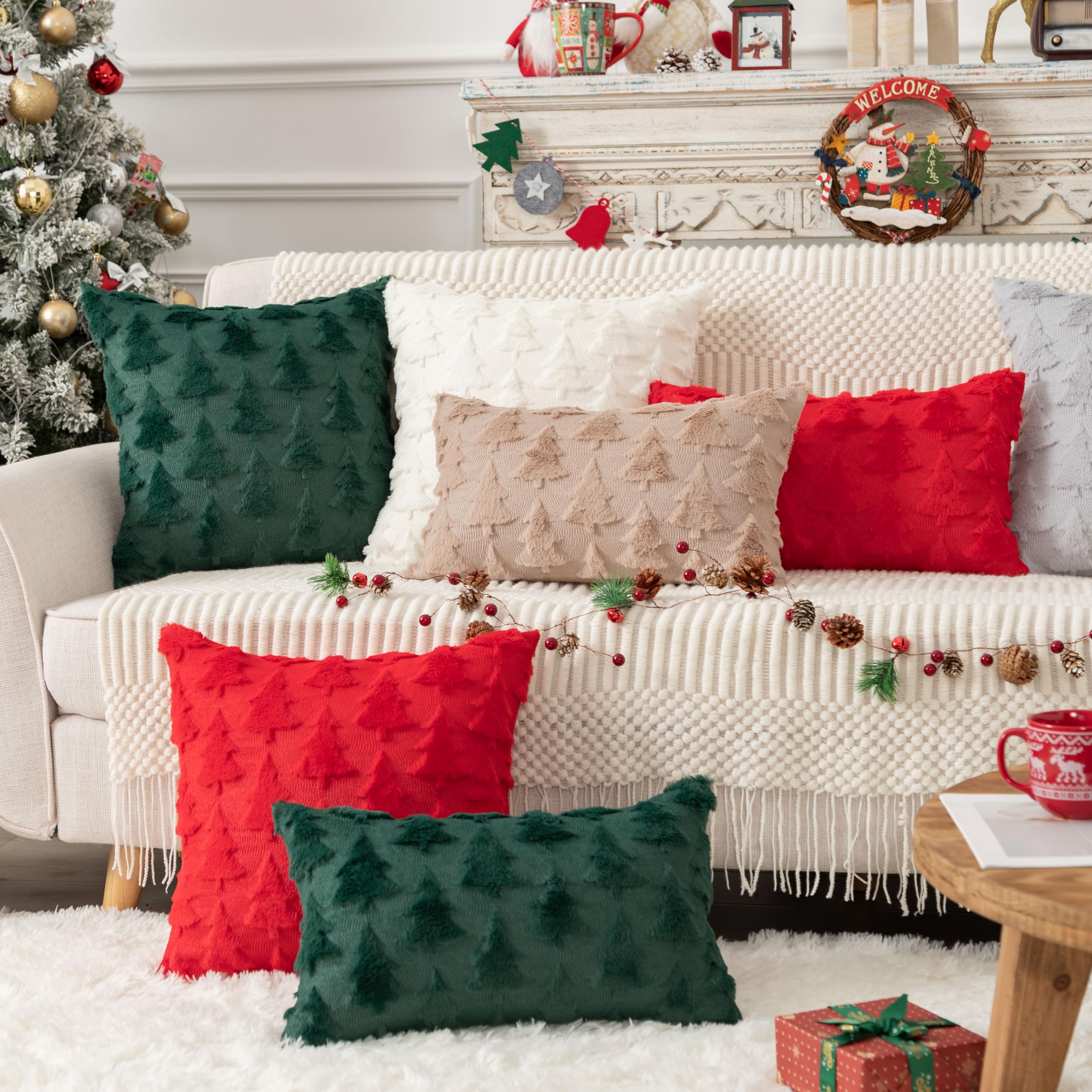 UGASA Set di 2 federe per cuscini natalizie, 45 x 45 cm, in morbida pelliccia sintetica, con fiocco di neve, decorative, lussuose federe per divano, vacanze, festival, decorazioni invernali, rosso