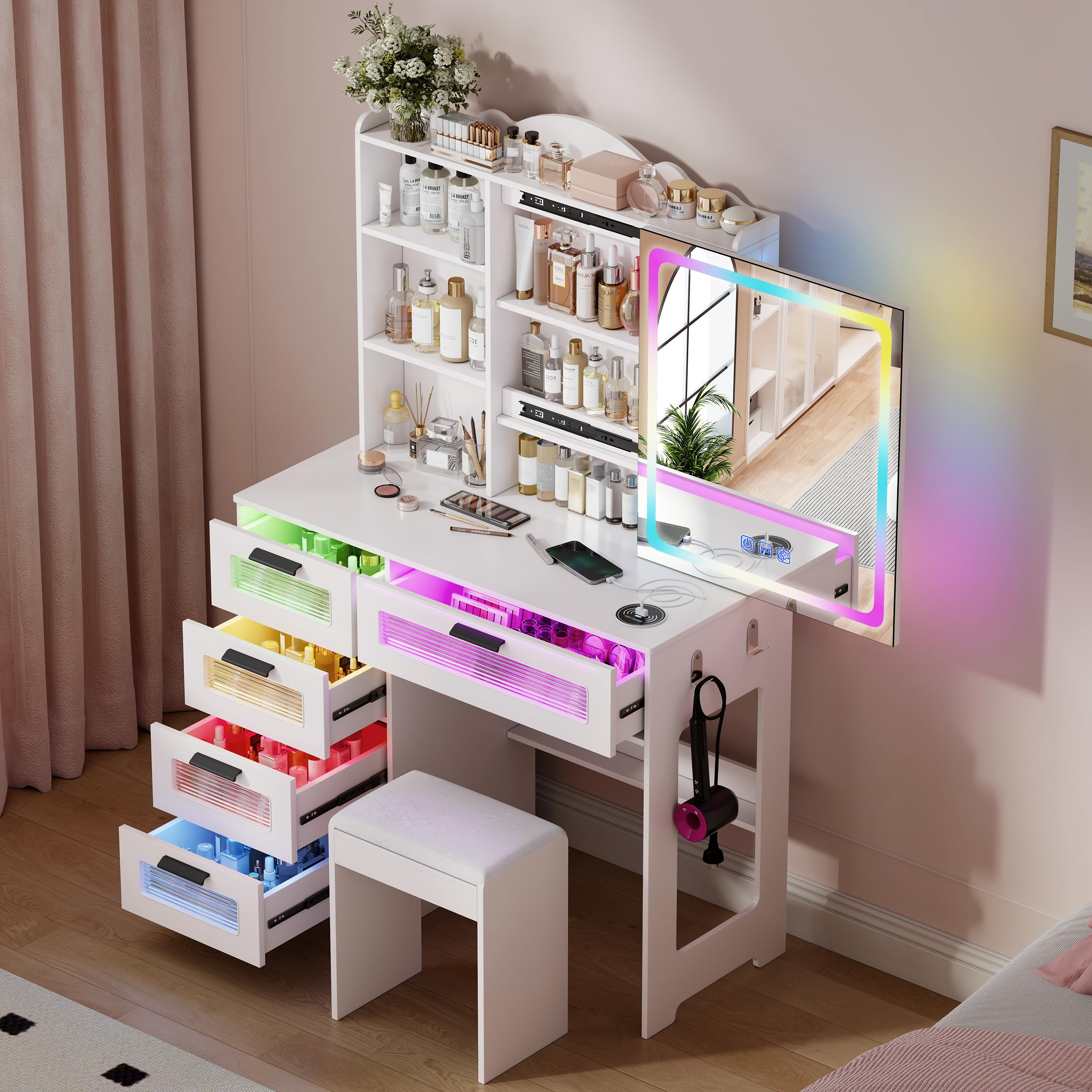 MDGC Vanity Desk with Sliding Vanity Mirror and RGB Lights,Makeup Vanity Desk with Charging Station,LED Vanity Table with Hidden Storage,Dressing Table Set with Stool&5 Drawers for Bedroom,White