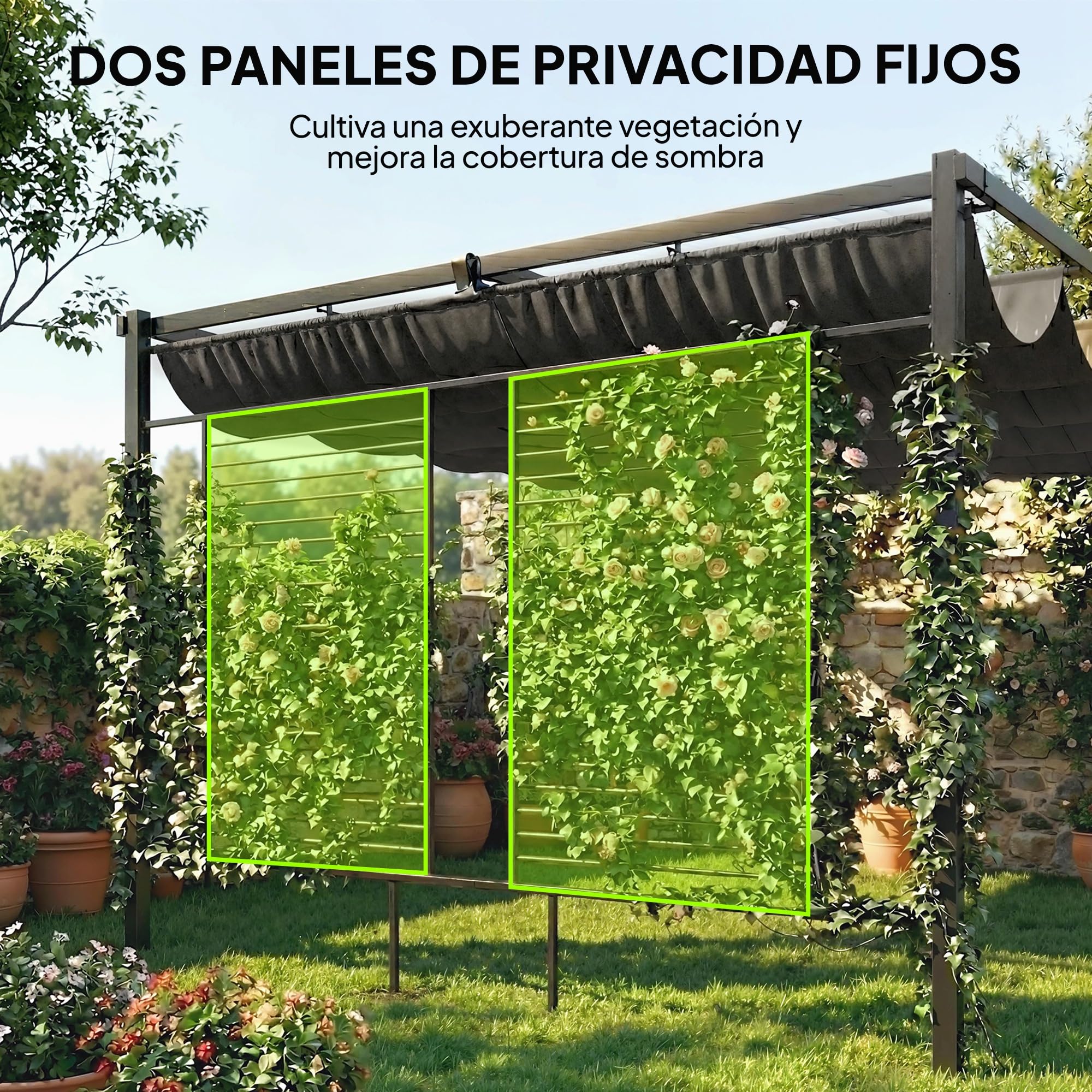 Outsunny Pérgola de Jardín 4x3 m con Techo Retráctil y 2 Paneles de Privacidad Fijos, Cenador de Jardín con Protección UPF50+, Drenaje, Estructura Metálica, Pabellón para Exterior, Gris Oscuro