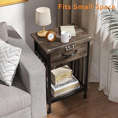 Miniatura 19 de VECELO Mesitas de noche, mesa auxiliar industrial/mesas auxiliares con cajón y estante de almacenamiento, mesitas de noche para dormitorio, sala de