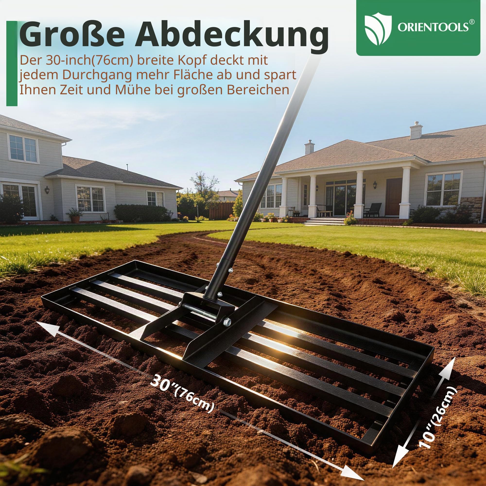 ORIENTOOLS Edelstahl Nivellierrechen 75x25 cm 206 cm verstellbarer Stiel