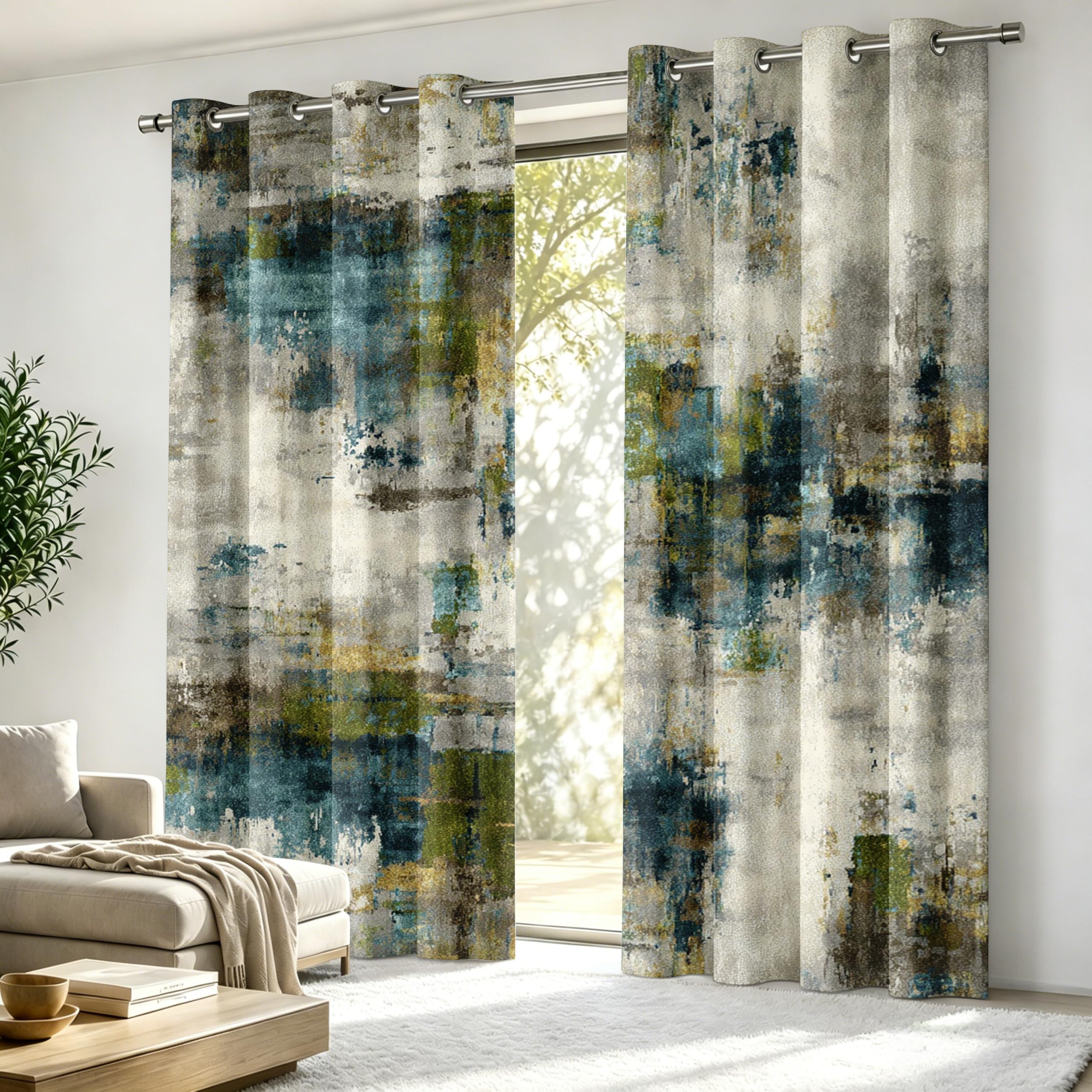 Luxfieo Abstract Blackout Curtains for Living Room Bedroom - 108 Inch Drop Curtains 90x108, Beige Green Teal Distressed Brush Stroke Modern Patterned Window Treatments, Thermal Eyelet Drapes 2 Panels