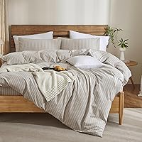 Vista 25 de Juego de funda de edredón a rayas tamaño Full 3 piezas 100% algodón lavado con textura parecida al lino natural arrugado cómodo transpirable