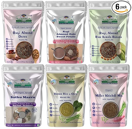TummyFriendly Foods Certified Organic Baby Food For Toddlers, 1 Year plus | Made of Sprouted Ragi Powder. Real Food, No Chemicals, No Pesticides. 9 Month Shelf-life | Gift for Baby 1 Year | 6 Baby Trial Packs, 50g Each